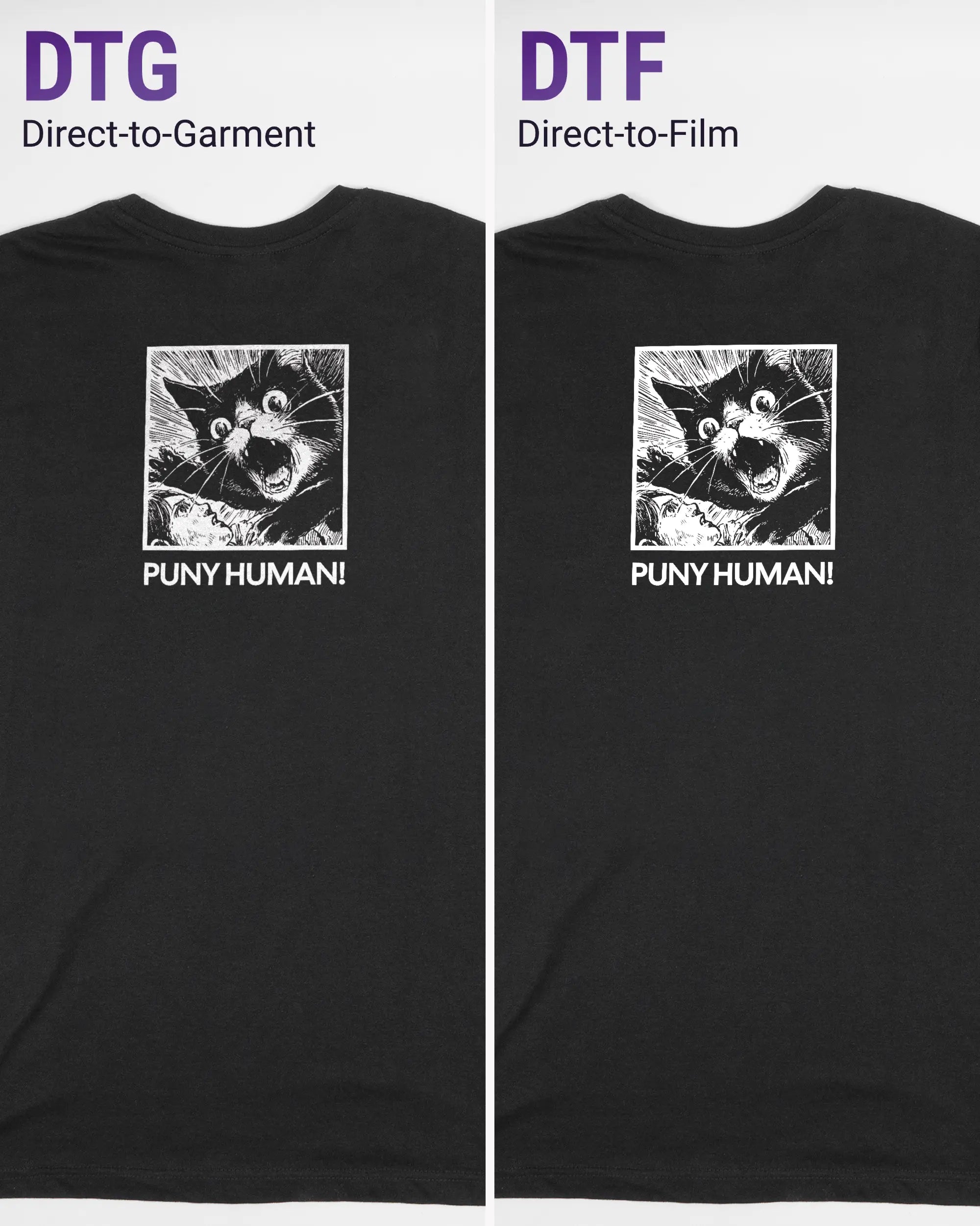 Vergleich der Rückseiten des Basic Unisex T-Shirt Soft von Maondo mit dem Design Puny Human in der Farbe Black und in der Größe S links mit dem Direct-to-Garment und rechts mit dem Direct-to-Film Verfahren