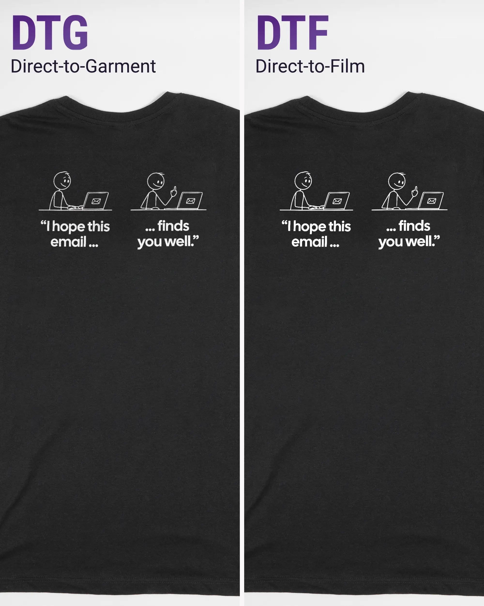 Vergleich der Rückseiten des Basic Unisex T-Shirt Soft von Maondo mit dem Design Found me not well in der Farbe Black und in der Größe S links mit dem Direct-to-Garment und rechts mit dem Direct-to-Film Verfahren