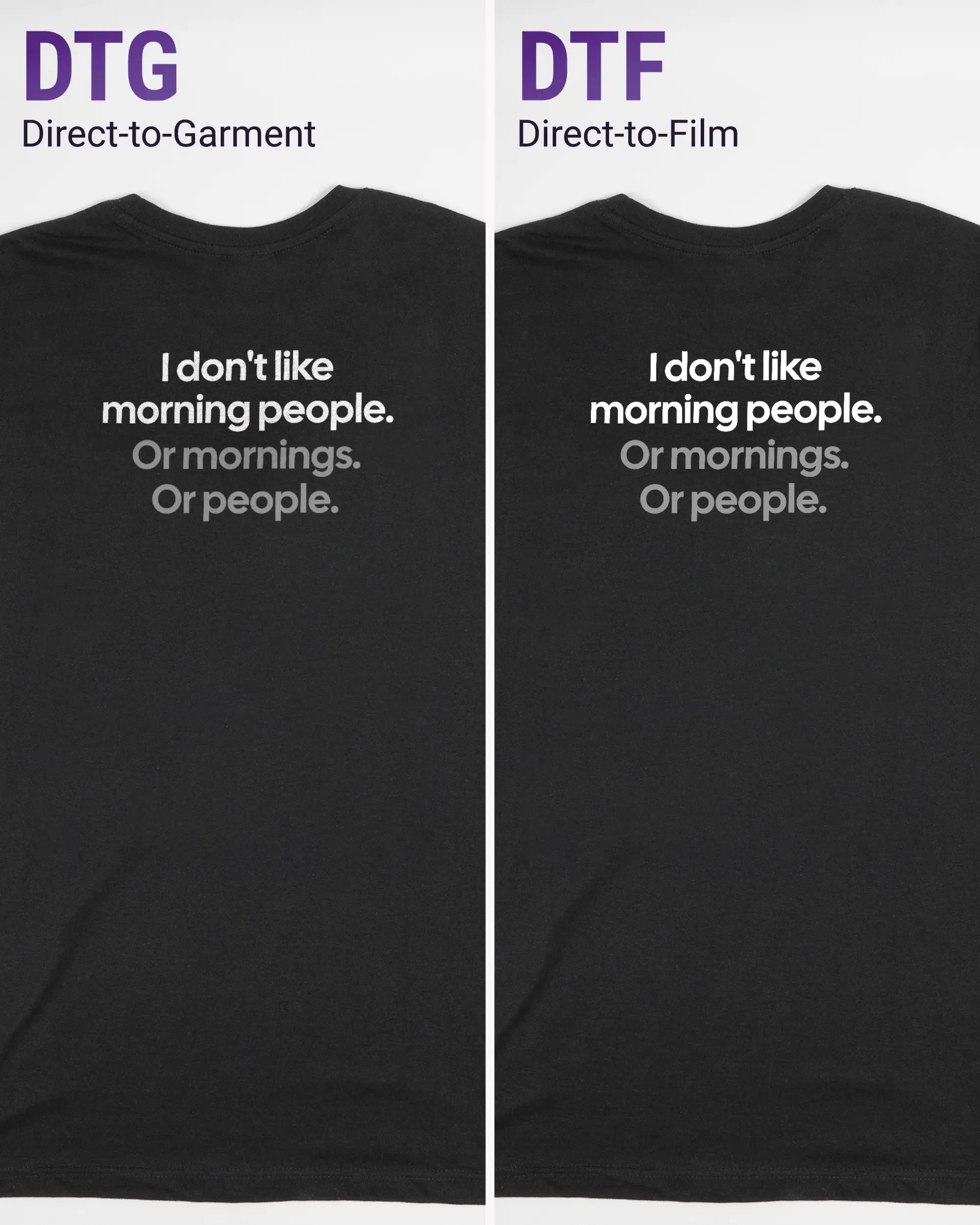 Vergleich der Rückseiten des Basic Unisex T-Shirt Soft von Maondo mit dem Design Morning Person in der Farbe Black und in der Größe S links mit dem Direct-to-Garment und rechts mit dem Direct-to-Film Verfahren