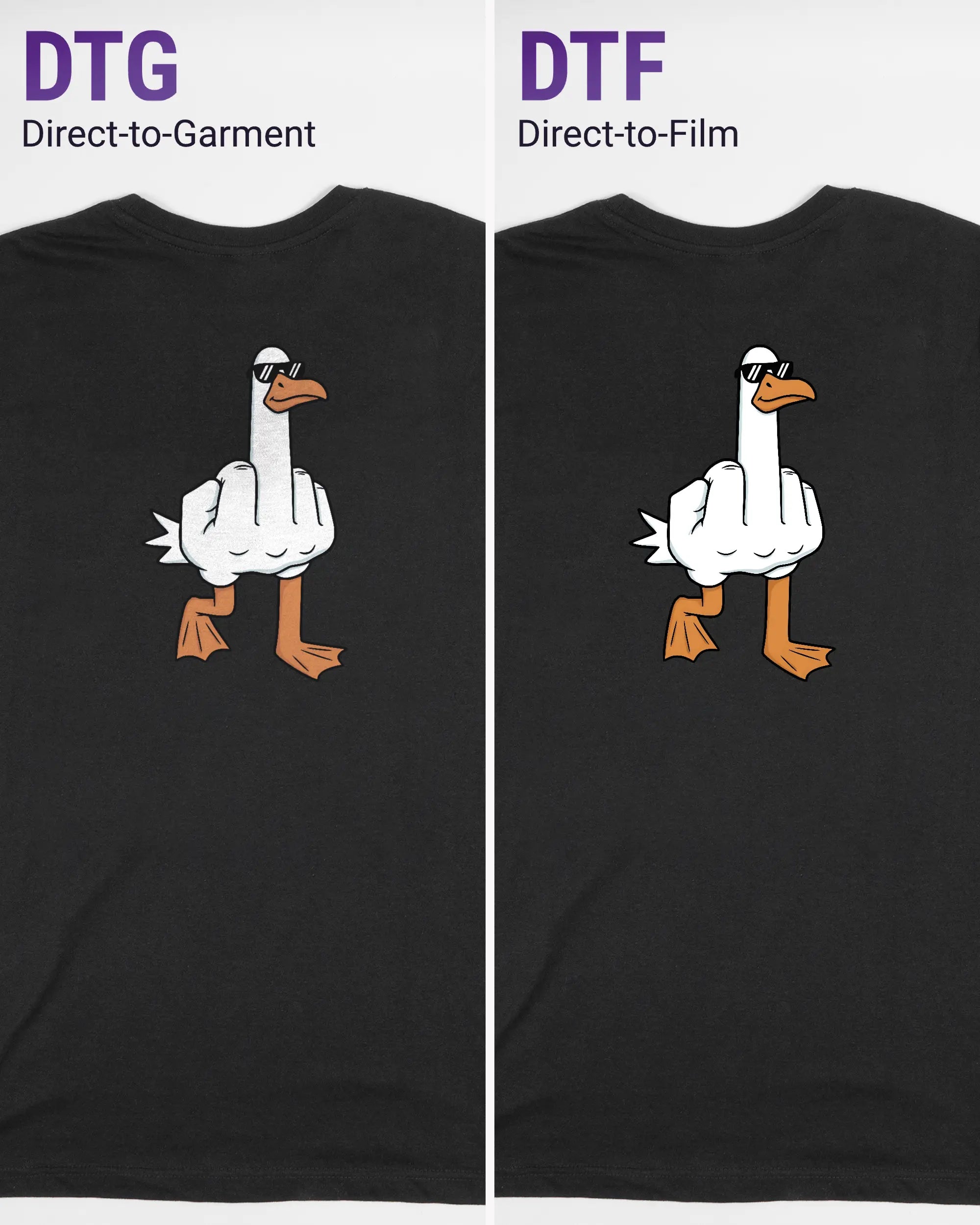 Vergleich der Rückseiten des Basic Unisex T-Shirt Soft von Maondo mit dem Design I give a duck in der Farbe Black und in der Größe S links mit dem Direct-to-Garment und rechts mit dem Direct-to-Film Verfahren