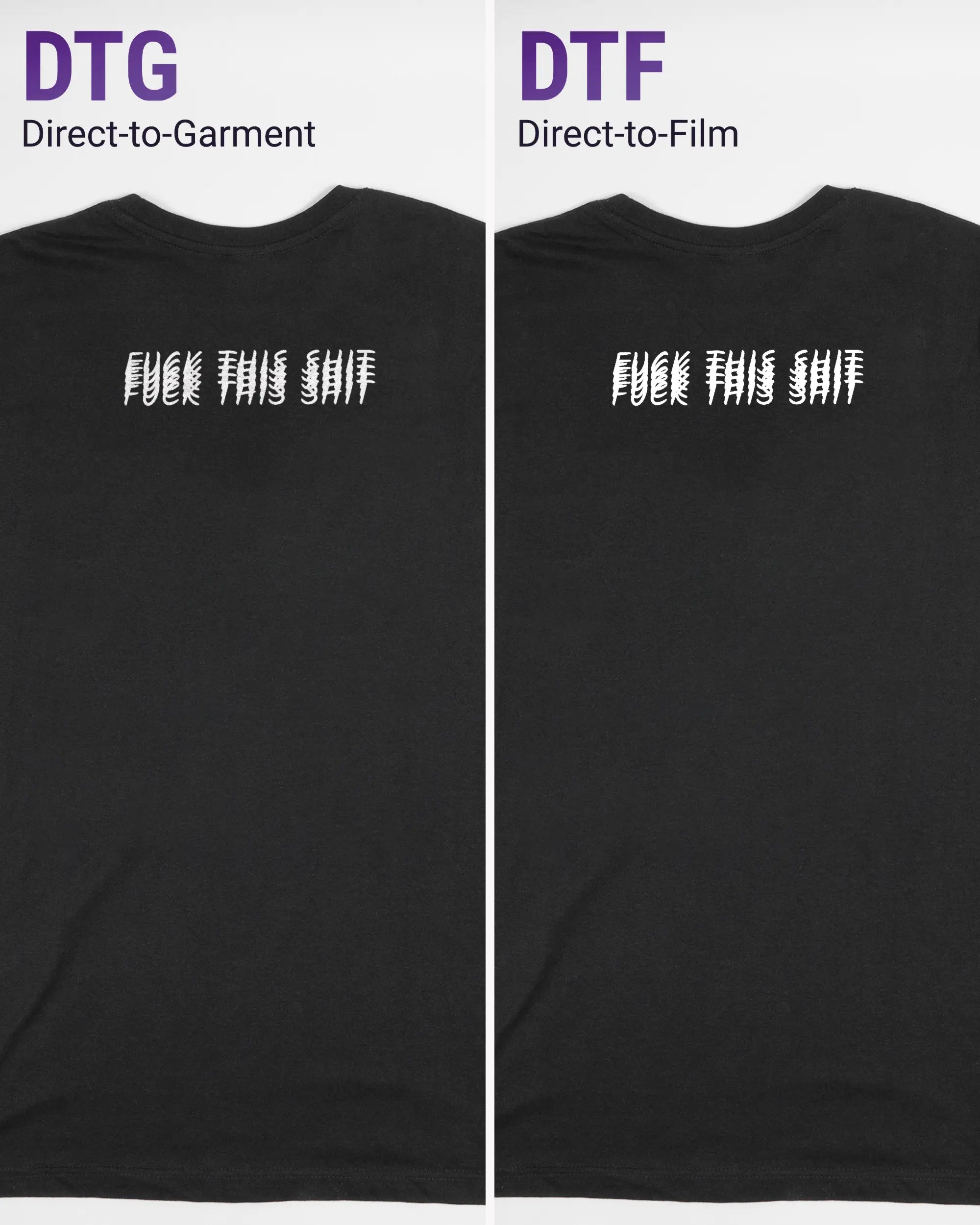 Vergleich der Rückseiten des Basic Unisex T-Shirt Soft von Maondo mit dem Design Hidden Message in der Farbe Black und in der Größe S links mit dem Direct-to-Garment und rechts mit dem Direct-to-Film Verfahren