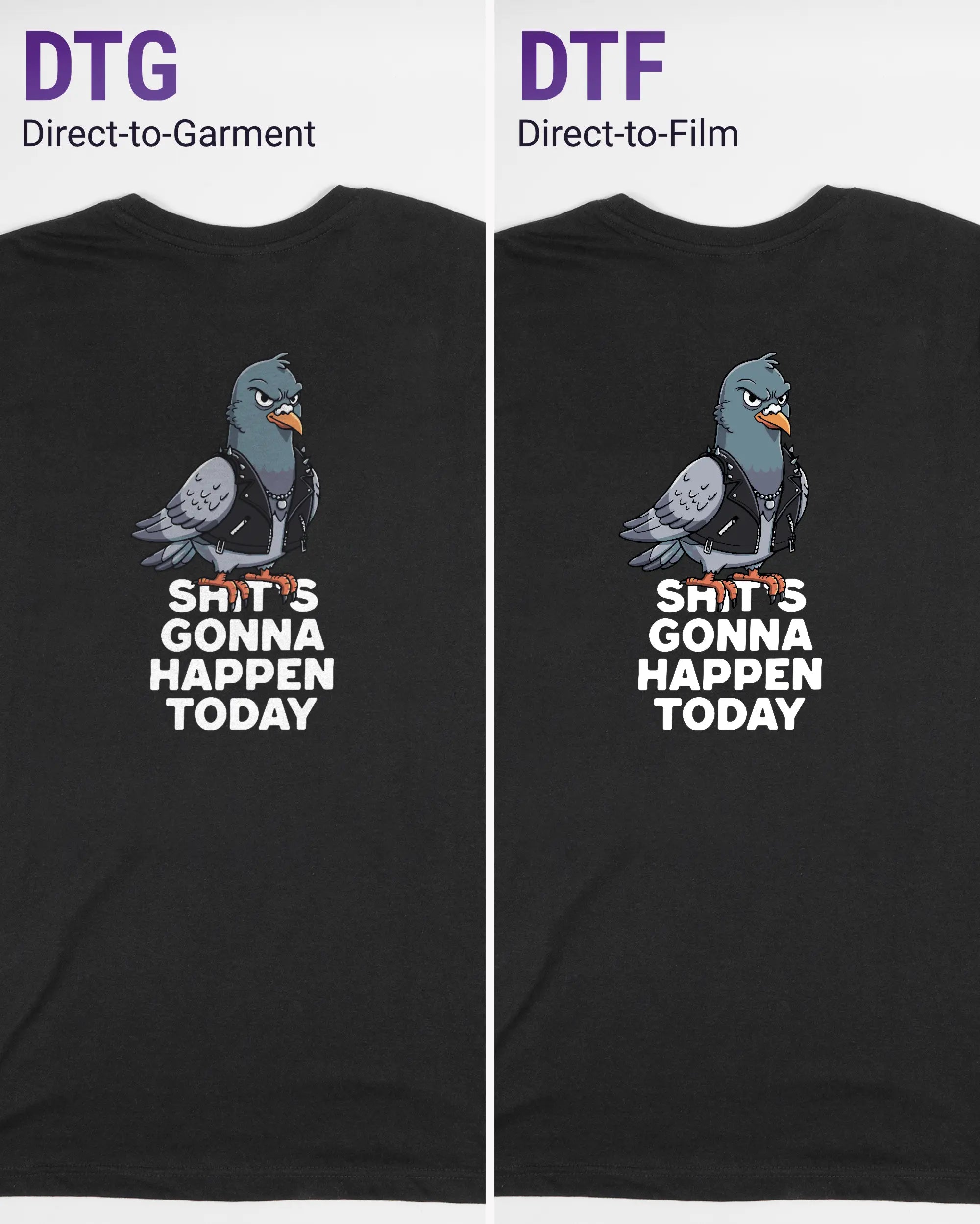 Vergleich der Rückseiten des Basic Unisex T-Shirt Soft von Maondo mit dem Design Pigeon Pun in der Farbe Black und in der Größe S links mit dem Direct-to-Garment und rechts mit dem Direct-to-Film Verfahren