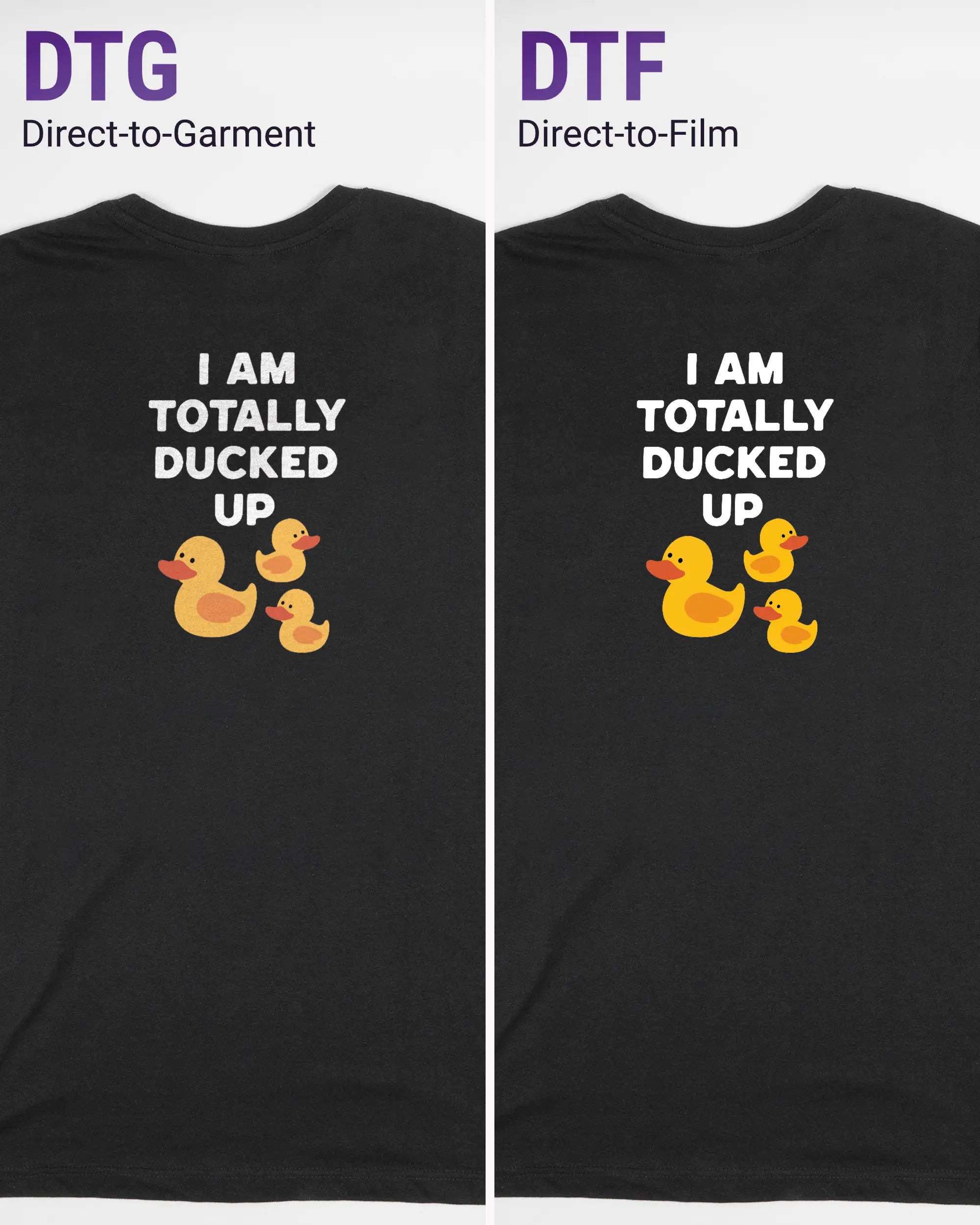 Vergleich der Rückseiten des Basic Unisex T-Shirt Soft von Maondo mit dem Design Ducked Up in der Farbe Black und in der Größe S links mit dem Direct-to-Garment und rechts mit dem Direct-to-Film Verfahren