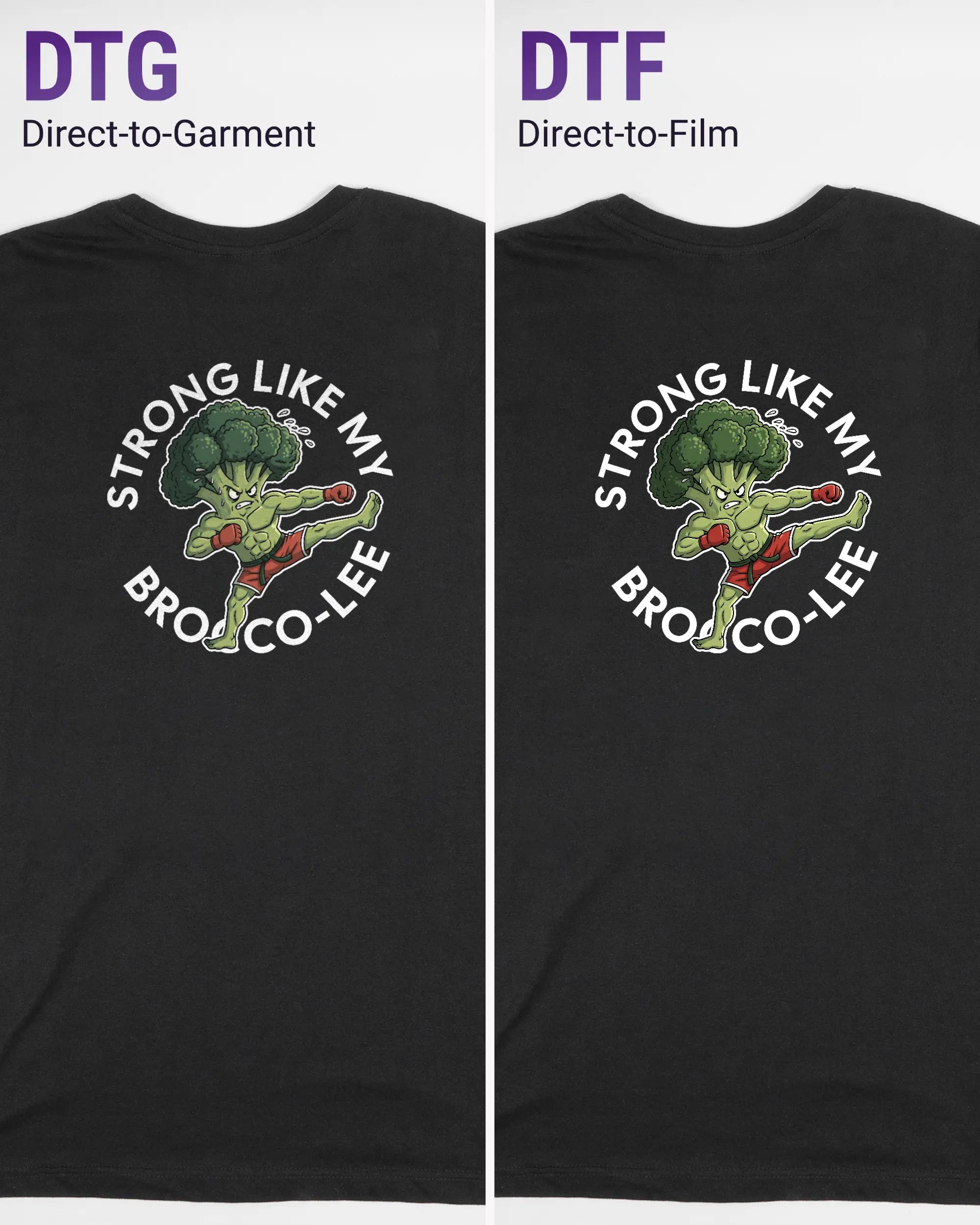 Vergleich der Rückseiten des Basic Unisex T-Shirt Soft von Maondo mit dem Design Brocco-Lee in der Farbe Black und in der Größe S links mit dem Direct-to-Garment und rechts mit dem Direct-to-Film Verfahren