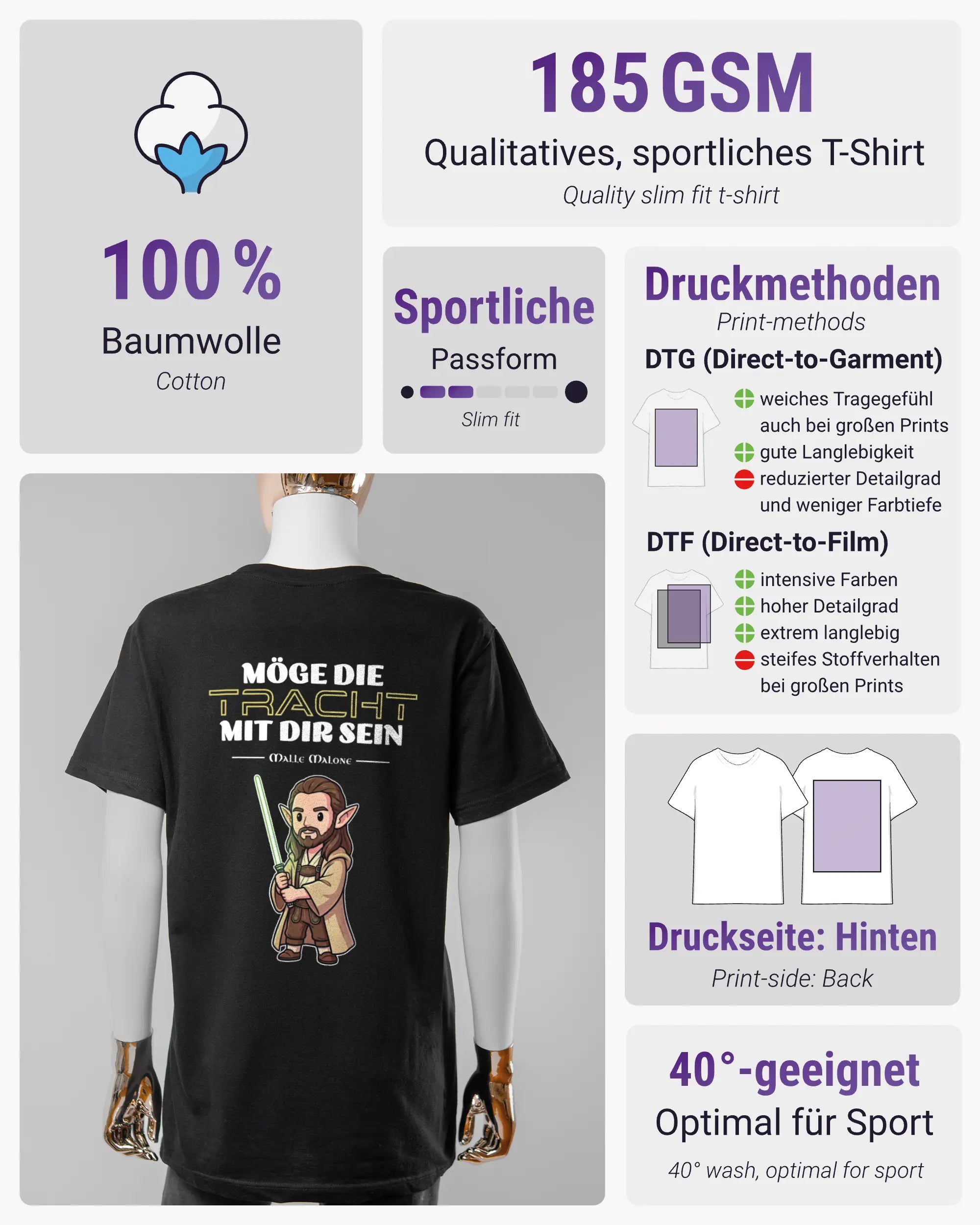 Produktinformationsblatt des Basic Unisex T-Shirt Soft von Maondo mit dem Design Tracht mit dir hinten in der Farbe Black und in der Größe S