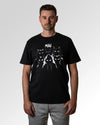 Primärer Modelshot der Druckseite des Organic Unisex T-Shirts von Maondo im Heavy Fit mit dem Design Miau Gang in der Farbe Black