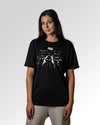 Sekundärer Modelshot der Druckseite des Organic Unisex T-Shirts von Maondo im Heavy Fit mit dem Design Miau Gang in der Farbe Black