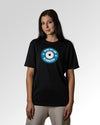 Sekundärer Modelshot der Druckseite des Organic Unisex T-Shirts von Maondo im Heavy Fit mit dem Design Blaumachen in der Farbe Black