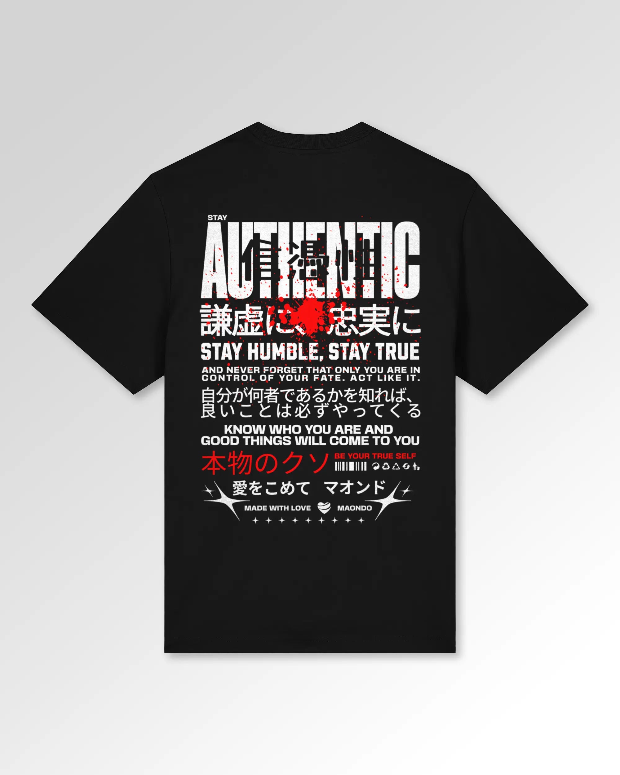 Packshot der sekundären Druckseite des Organic Unisex T-Shirts von Maondo im Relaxed Fit mit dem Design Authentic Shit in der Farbe Black