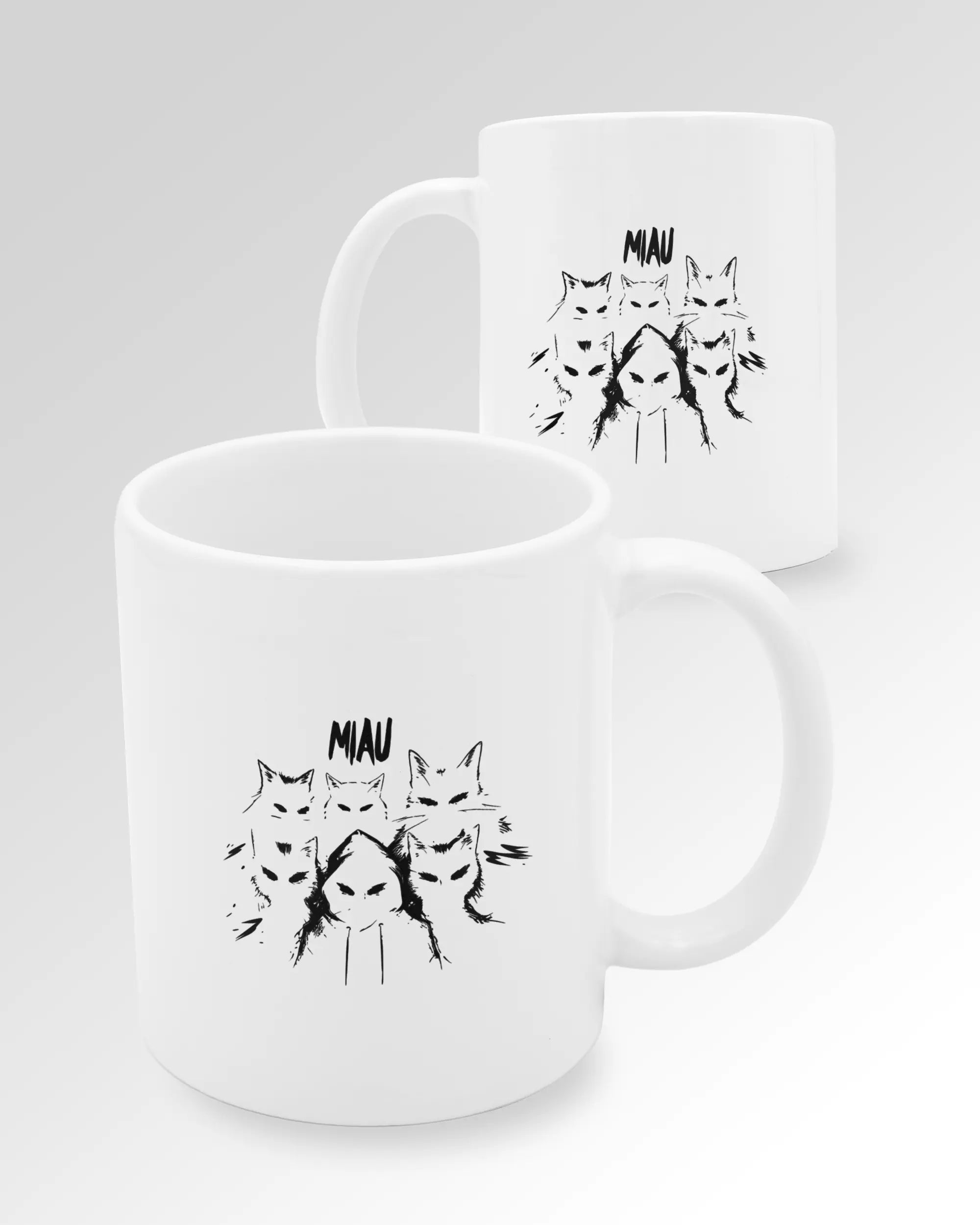 Variantenbild der beidseitig bedruckten Keramik Tasse von Maondo mit dem Design Miau Gang in der Farbe Weiß