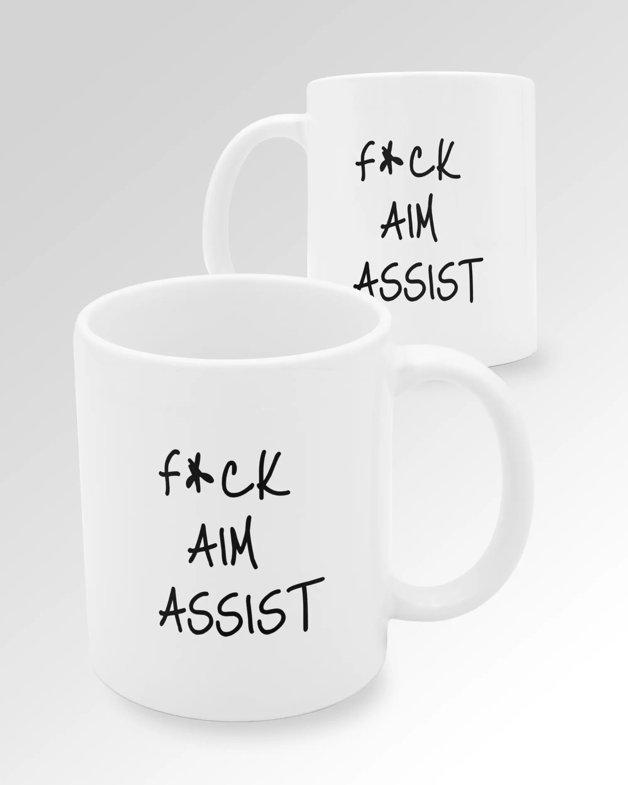 Variantenbild der beidseitig bedruckten Keramik Tasse von Maondo mit dem Design F Aim Assist in der Farbe Weiß