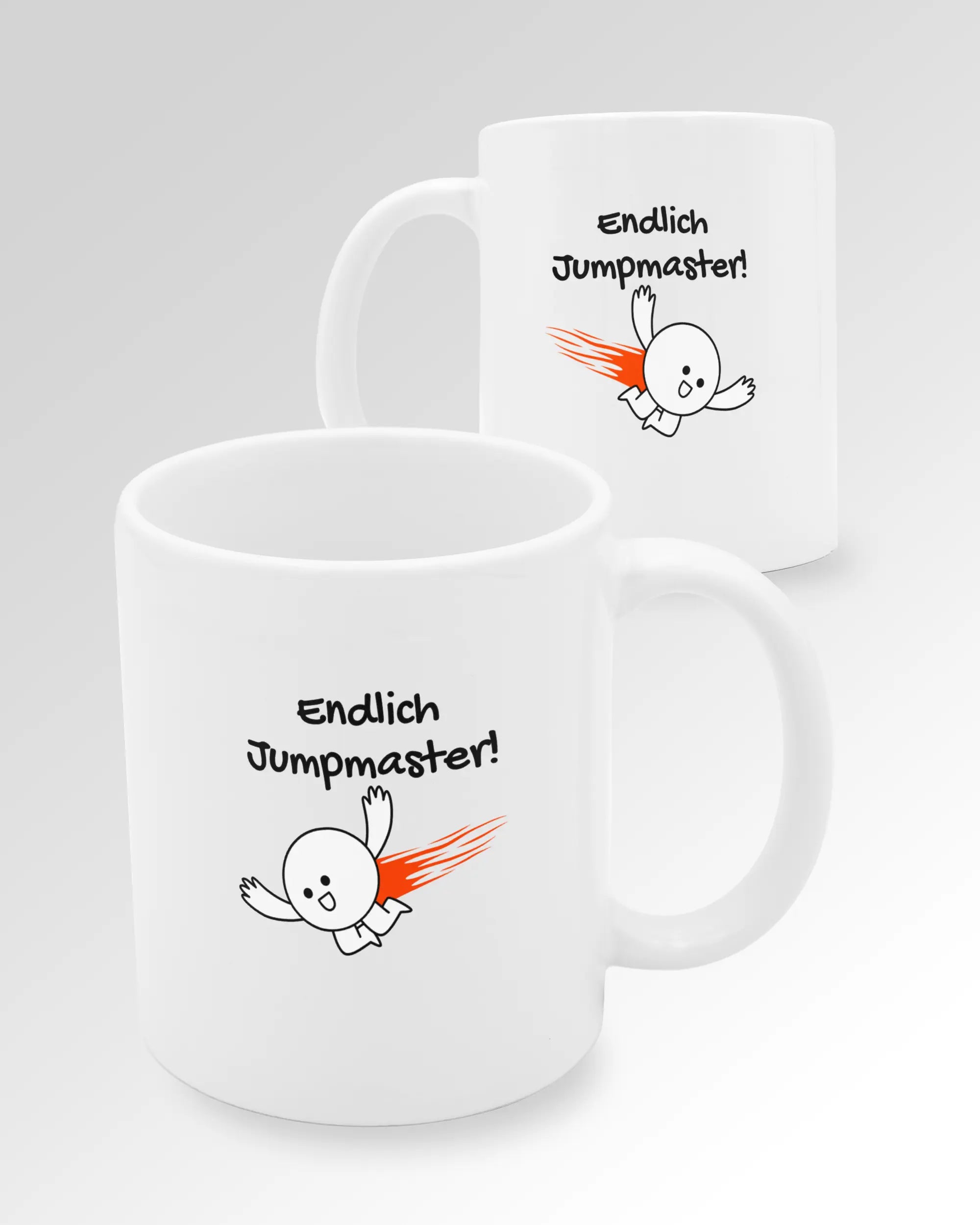 Variantenbild der beidseitig bedruckten Keramik Tasse von Maondo mit dem Design Endlich Jumpmaster in der Farbe Weiß