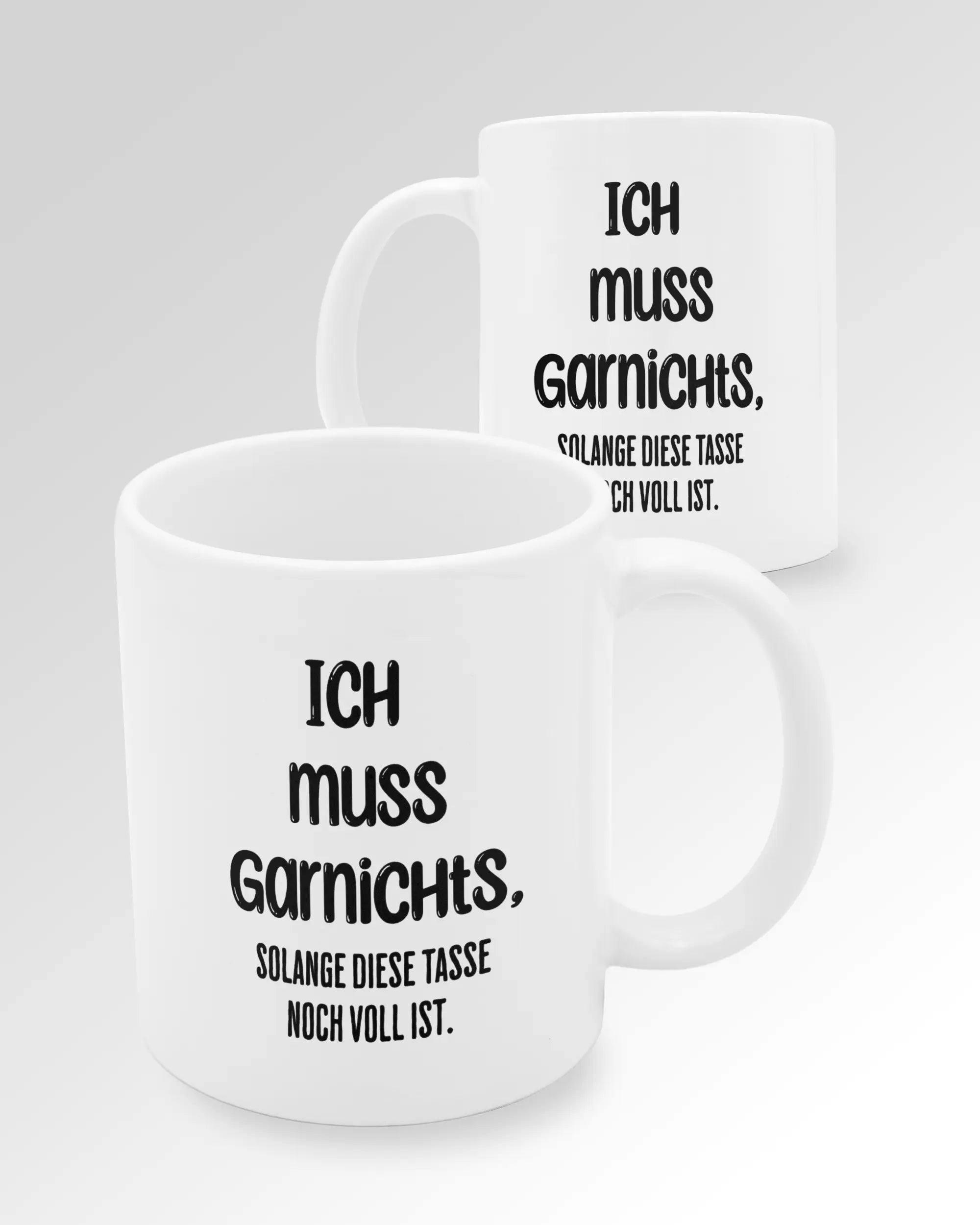 Variantenbild der beidseitig bedruckten Keramik Tasse von Maondo mit dem Design Verhandlungsspielraum in der Farbe Weiß