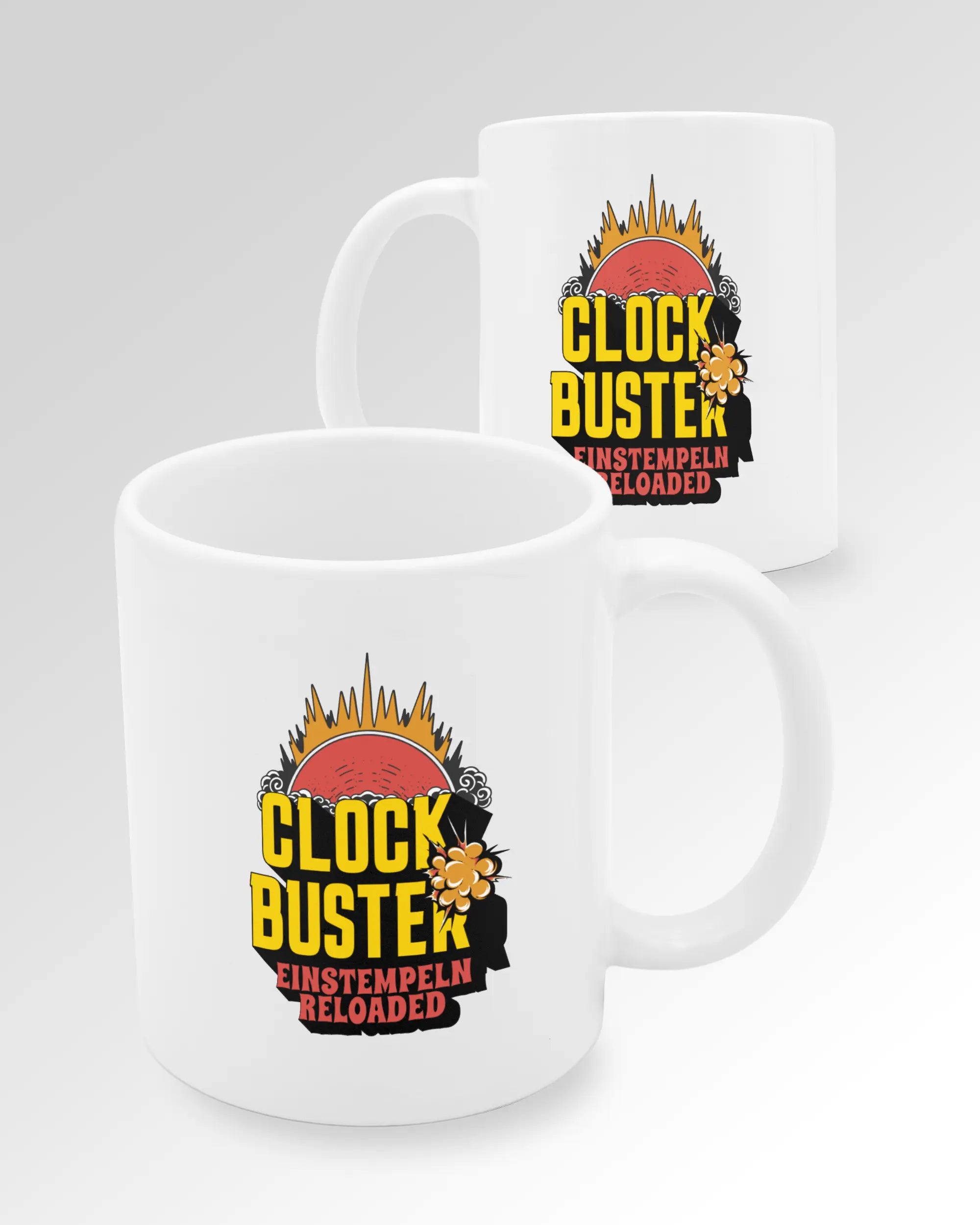 Variantenbild der beidseitig bedruckten Keramik Tasse von Maondo mit dem Design Clockbuster in der Farbe Weiß