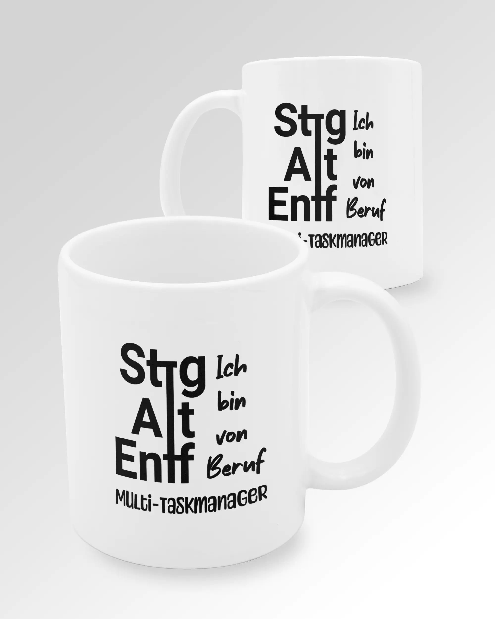 Variantenbild der beidseitig bedruckten Keramik Tasse von Maondo mit dem Design Multi-Taskmanager in der Farbe Weiß