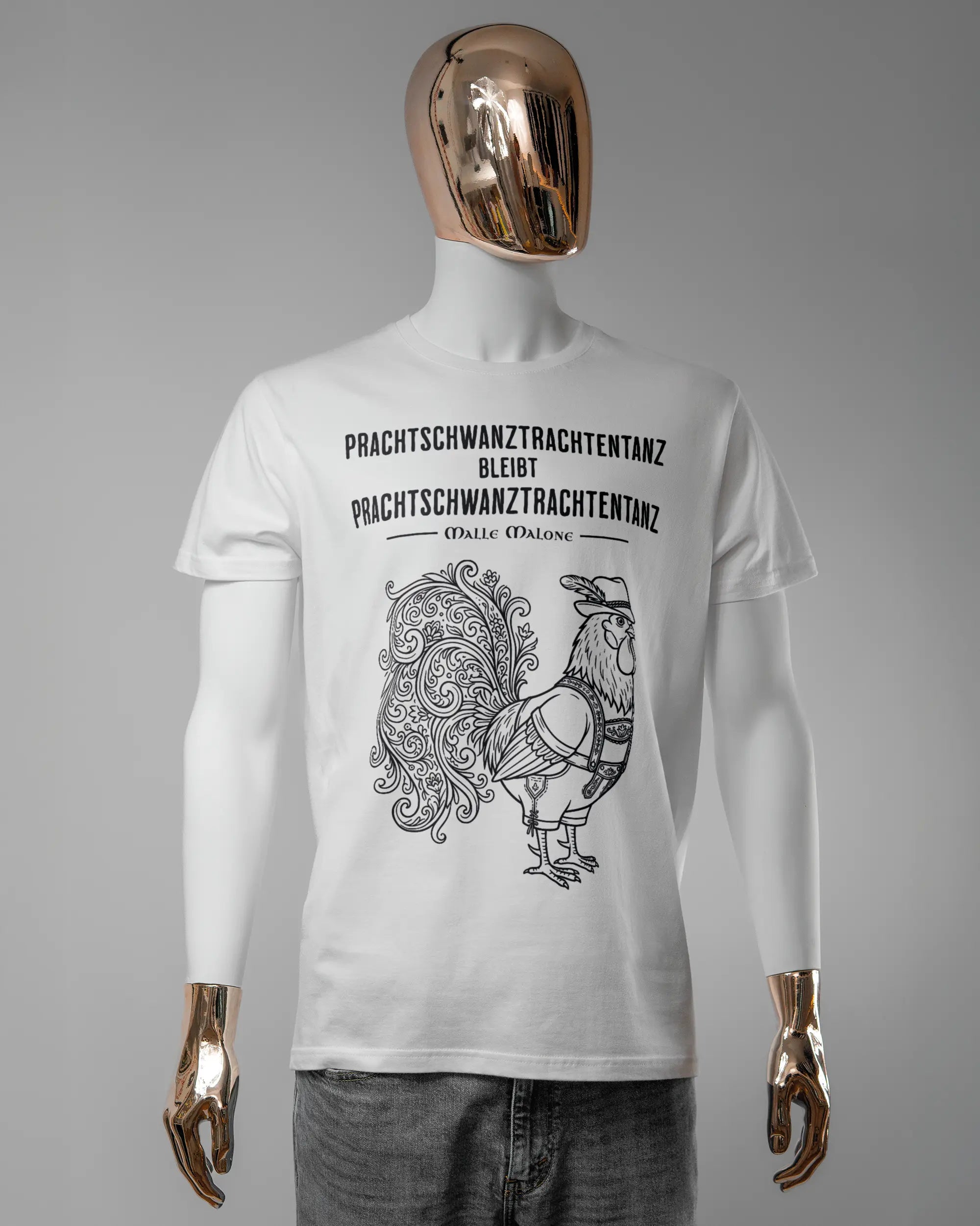 Vorderseite des Basic Unisex T-Shirt Soft von Maondo mit dem Design Trachtentanz in der Farbe White und in der Größe L getragen von einer maskulinen Puppe