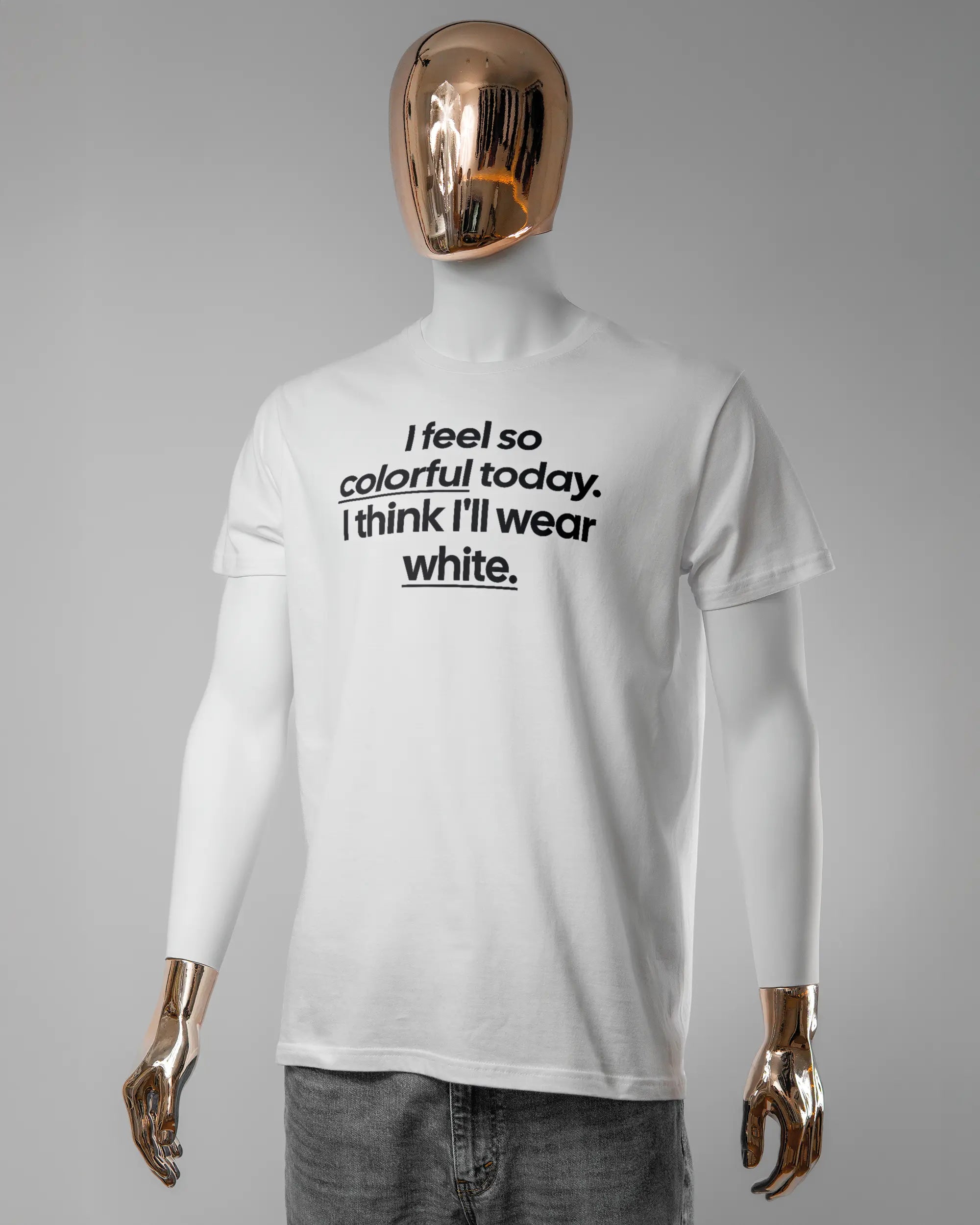 Vorderseite des Basic Unisex T-Shirt Slim von Maondo mit dem Design Colorful Day in der Farbe White und in der Größe L getragen von einer maskulinen Puppe