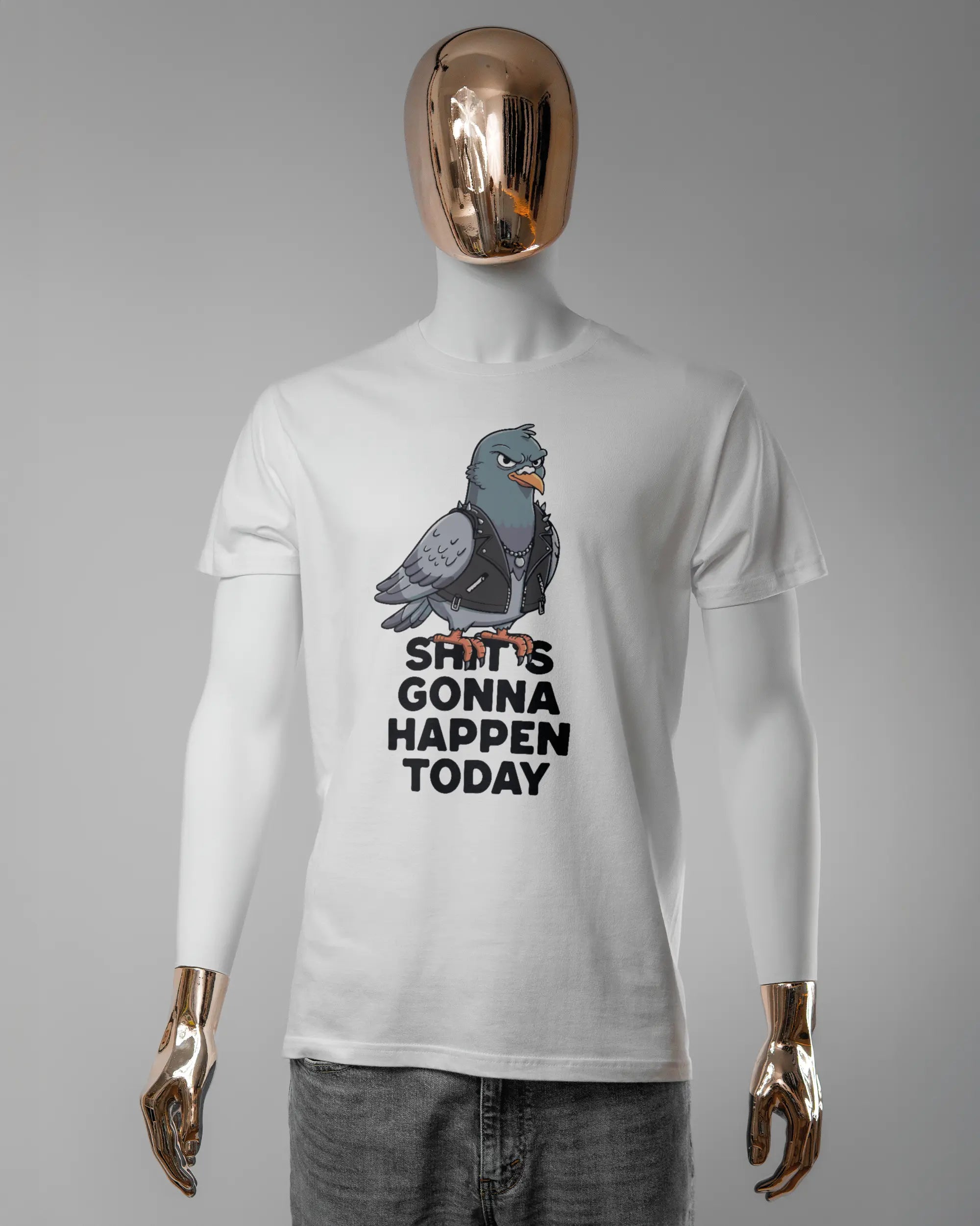 Vorderseite des Basic Unisex T-Shirt Soft von Maondo mit dem Design Pigeon Pun in der Farbe White und in der Größe L getragen von einer maskulinen Puppe