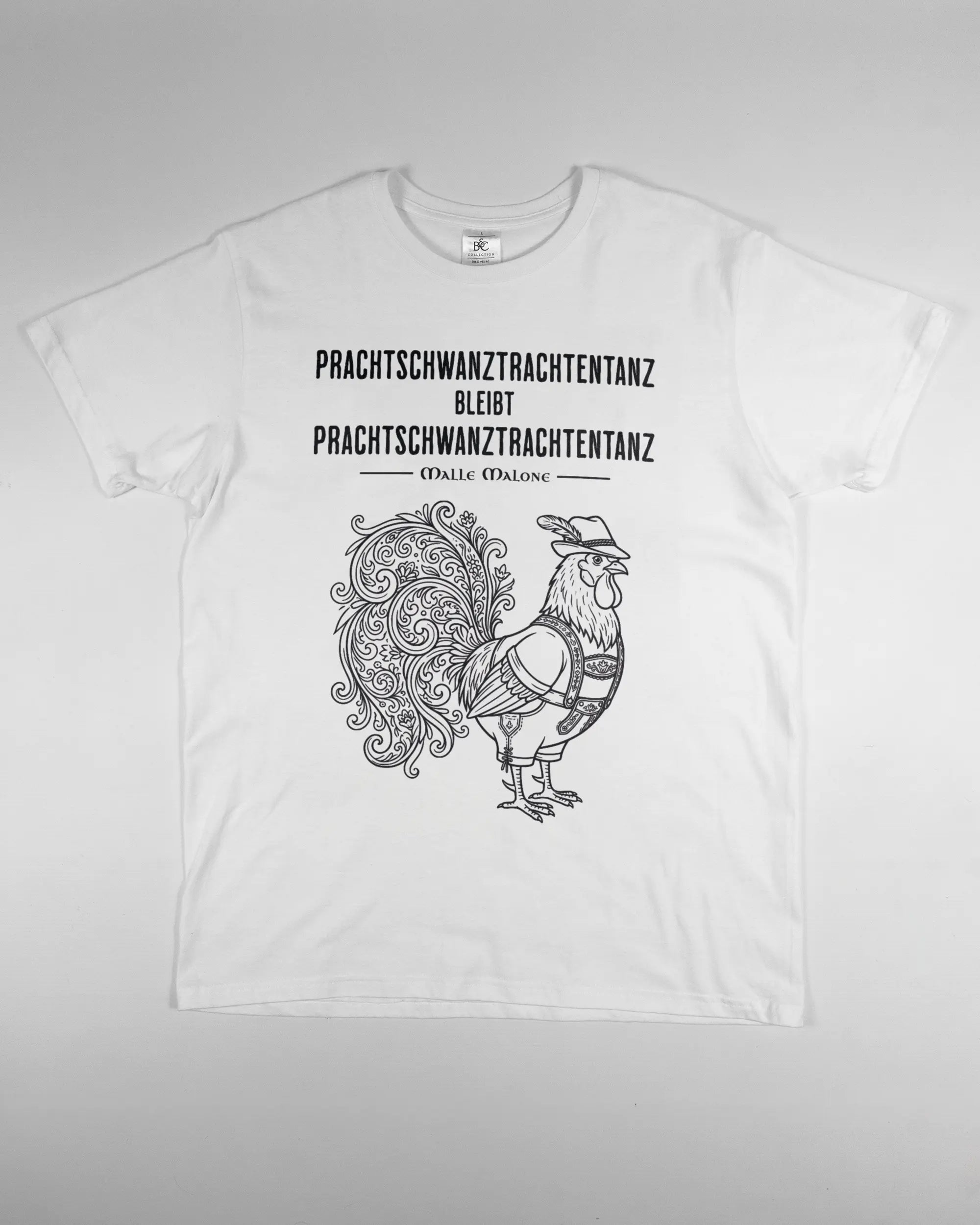Vorderseite des Basic Unisex T-Shirt Soft von Maondo mit dem Design Trachtentanz in der Farbe White und in der Größe L flach auf den Boden gelegt