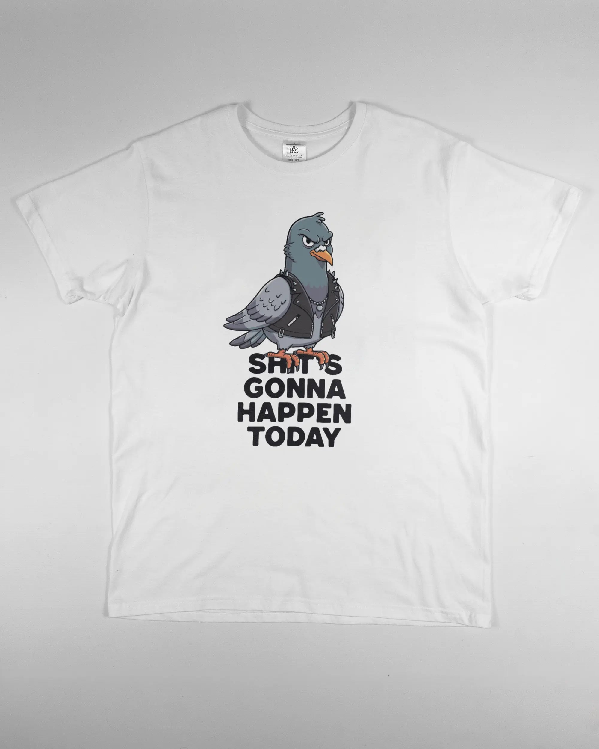 Vorderseite des Basic Unisex T-Shirt Soft von Maondo mit dem Design Pigeon Pun in der Farbe White und in der Größe L flach auf den Boden gelegt