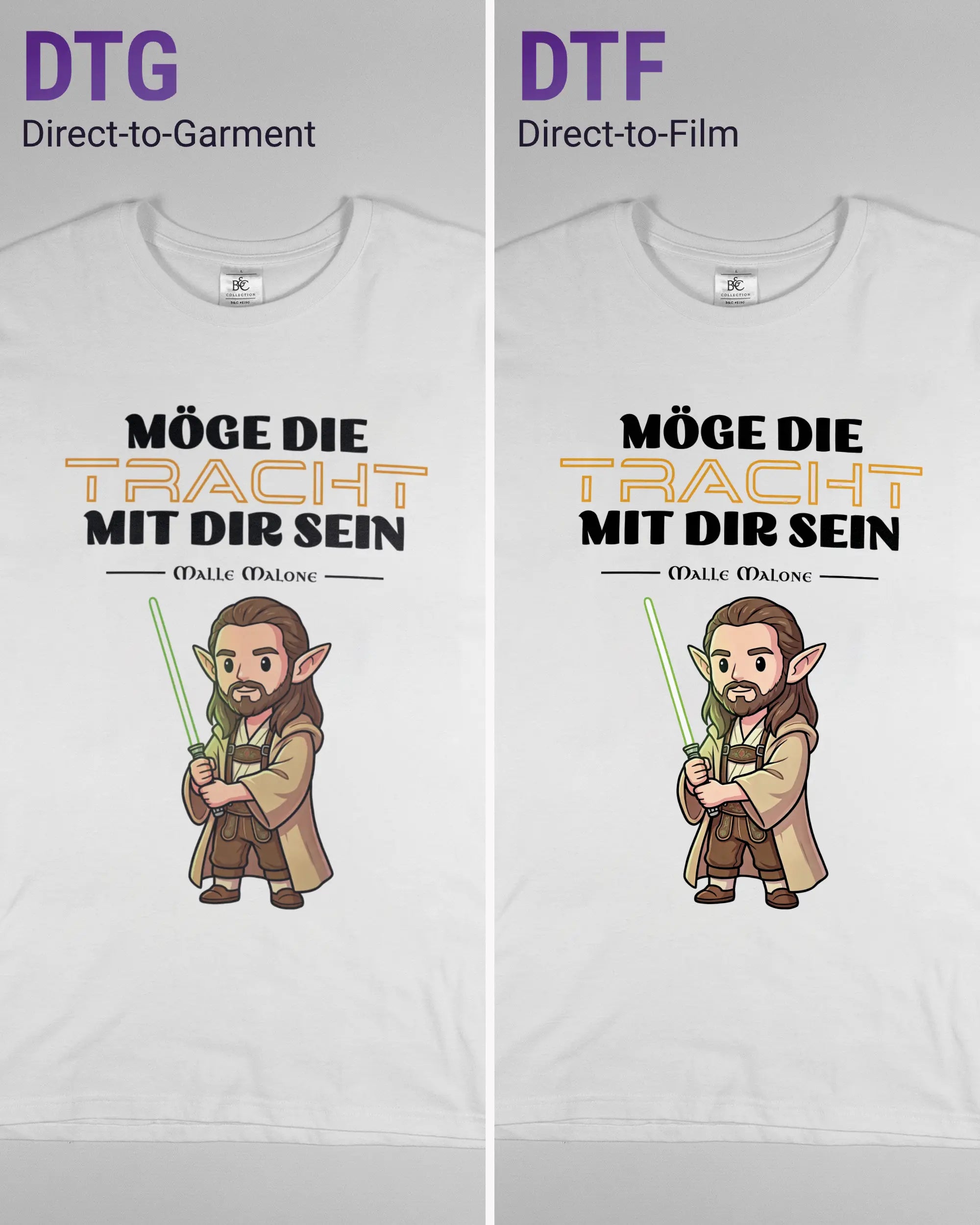 Vergleich der Vorderseiten des Basic Unisex T-Shirt Soft von Maondo mit dem Design Tracht mit dir in der Farbe White und in der Größe L links mit dem Direct-to-Garment und rechts mit dem Direct-to-Film Verfahren