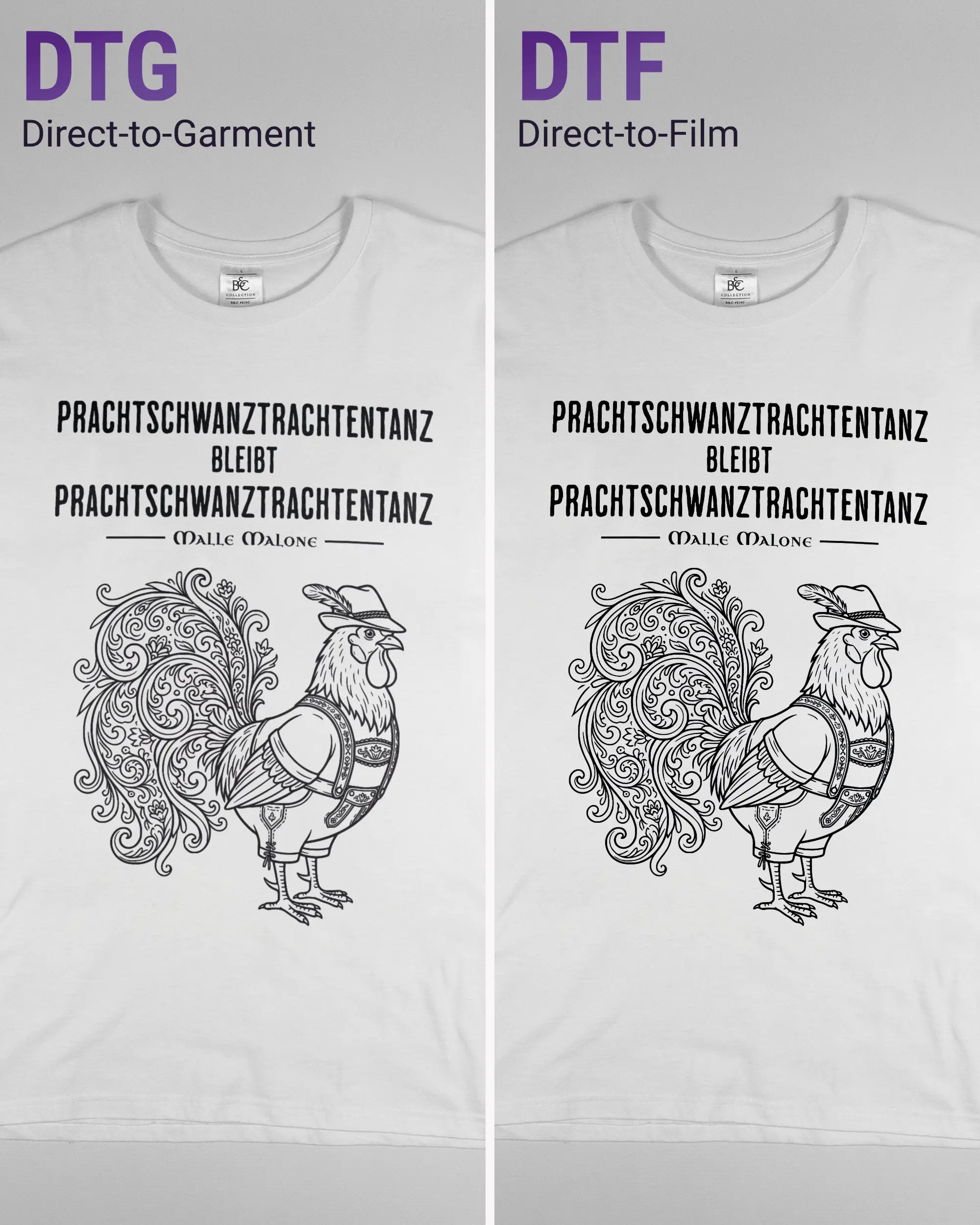 Vergleich der Vorderseiten des Basic Unisex T-Shirt Soft von Maondo mit dem Design Trachtentanz in der Farbe White und in der Größe L links mit dem Direct-to-Garment und rechts mit dem Direct-to-Film Verfahren