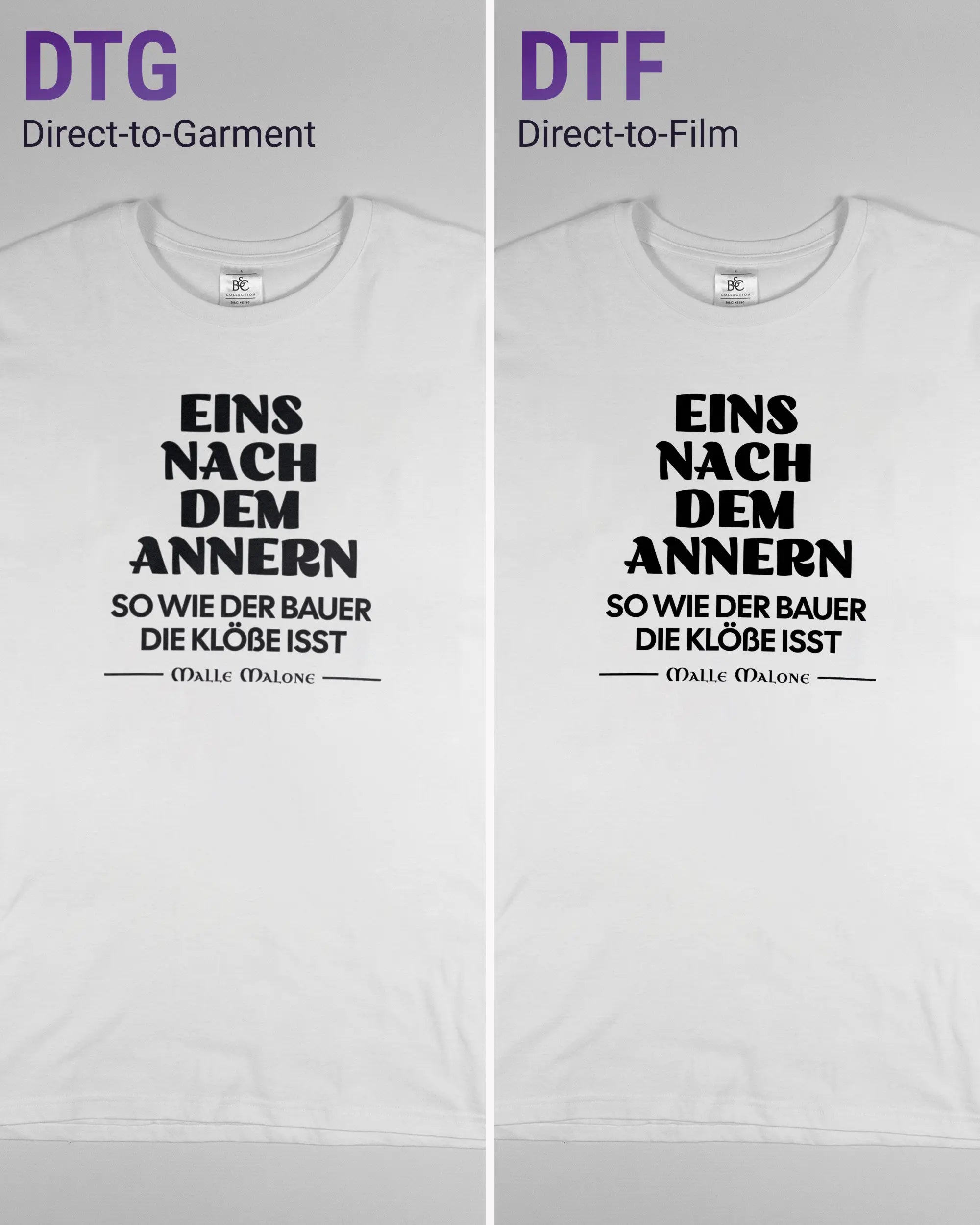 Vergleich der Vorderseiten des Basic Unisex T-Shirt Soft von Maondo mit dem Design Eins nach dem Annern in der Farbe White und in der Größe L links mit dem Direct-to-Garment und rechts mit dem Direct-to-Film Verfahren