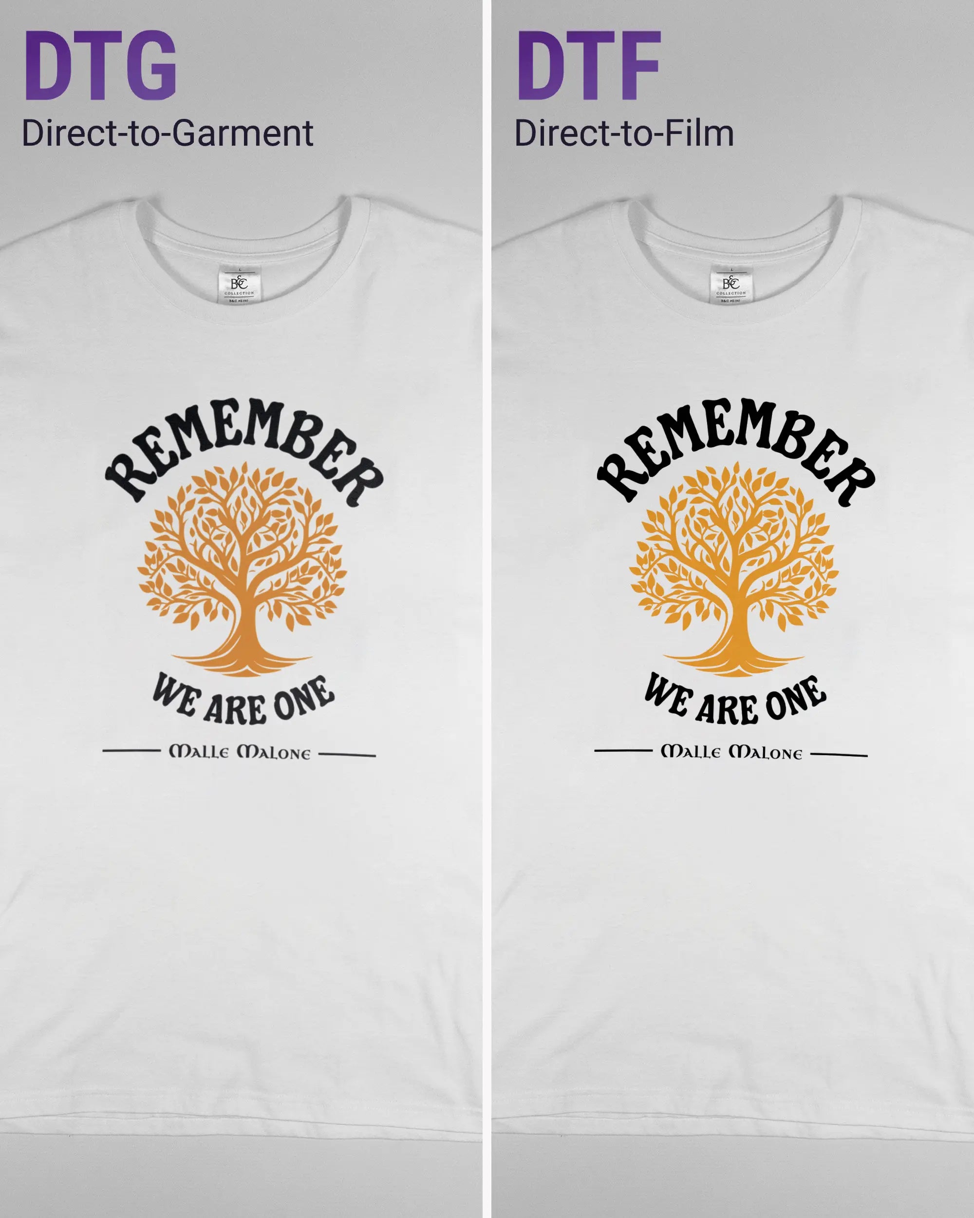 Vergleich der Vorderseiten des Basic Unisex T-Shirt Soft von Maondo mit dem Design We are one in der Farbe White und in der Größe L links mit dem Direct-to-Garment und rechts mit dem Direct-to-Film Verfahren