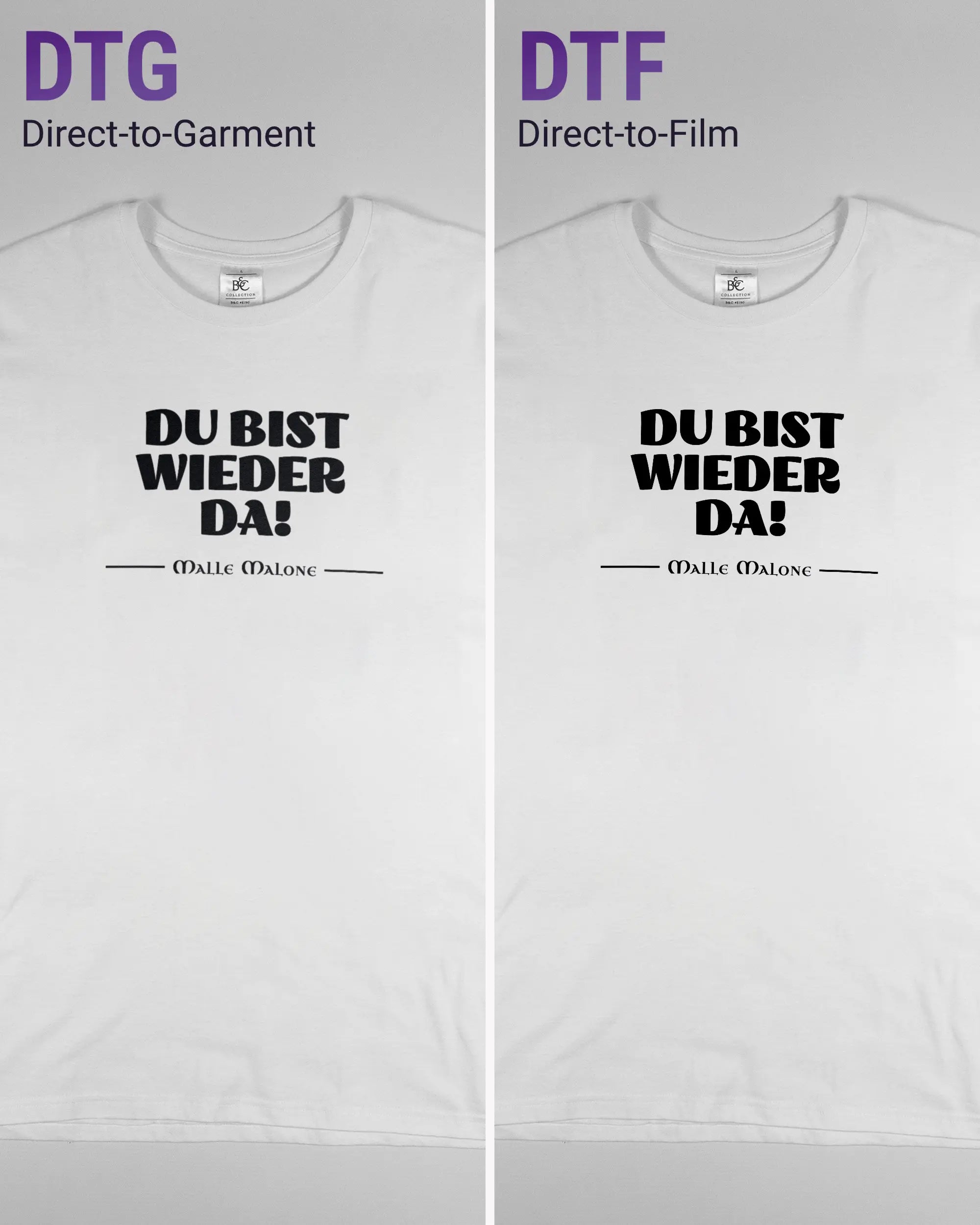 Vergleich der Vorderseiten des Basic Unisex T-Shirt Soft von Maondo mit dem Design Wieder da in der Farbe White und in der Größe L links mit dem Direct-to-Garment und rechts mit dem Direct-to-Film Verfahren