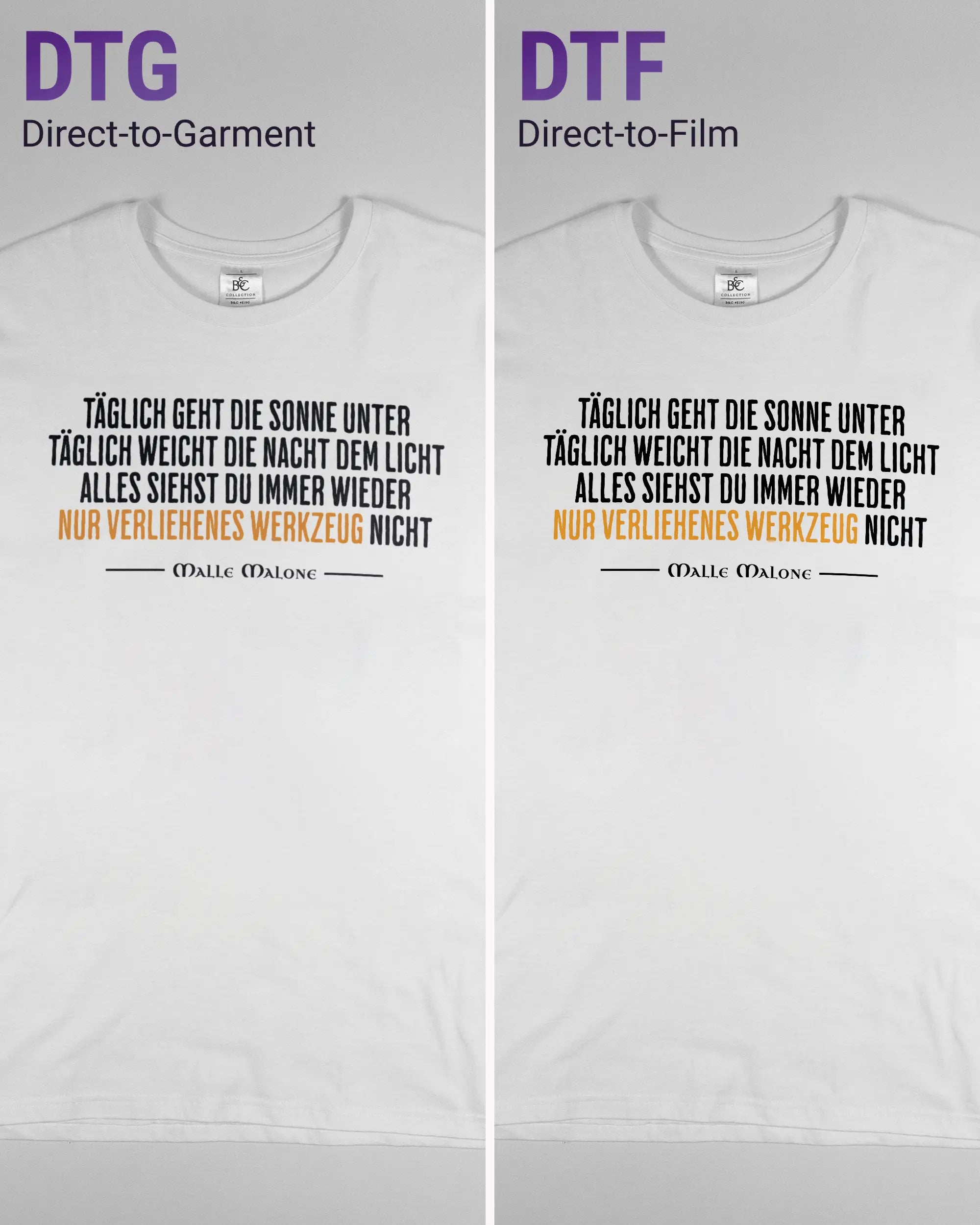 Vergleich der Vorderseiten des Basic Unisex T-Shirt Soft von Maondo mit dem Design Wegzeug in der Farbe White und in der Größe L links mit dem Direct-to-Garment und rechts mit dem Direct-to-Film Verfahren
