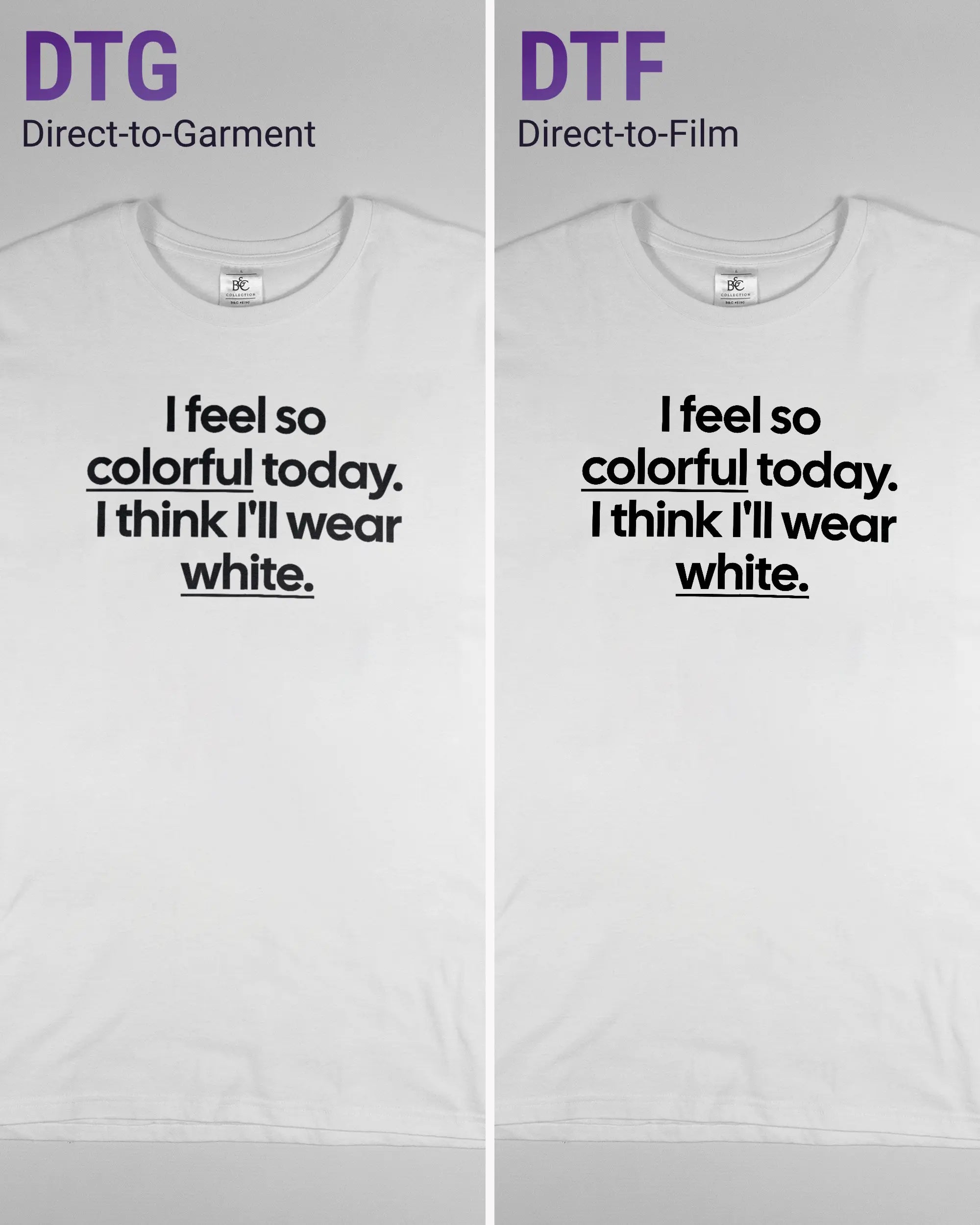 Vergleich der Vorderseiten des Basic Unisex T-Shirt Slim von Maondo mit dem Design Colorful Day in der Farbe White und in der Größe L links mit dem Direct-to-Garment und rechts mit dem Direct-to-Film Verfahren