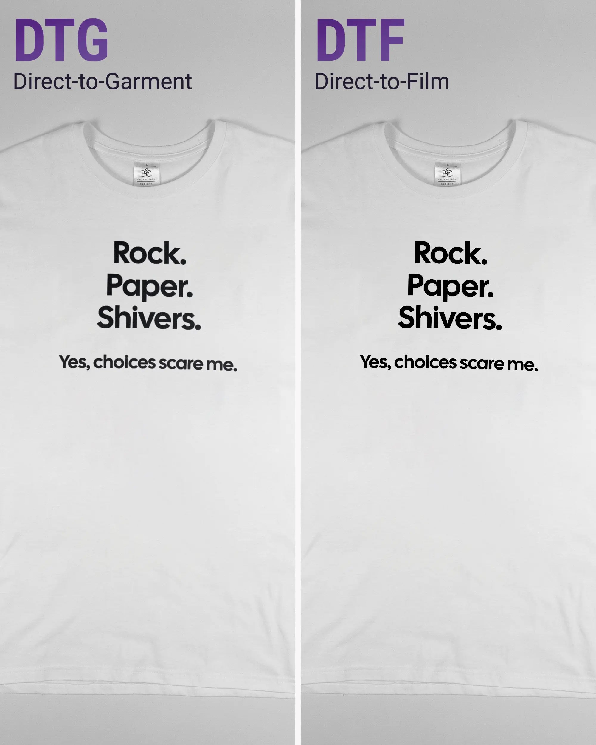 Vergleich der Vorderseiten des Basic Unisex T-Shirt Soft von Maondo mit dem Design Rock Paper Shivers in der Farbe White und in der Größe L links mit dem Direct-to-Garment und rechts mit dem Direct-to-Film Verfahren