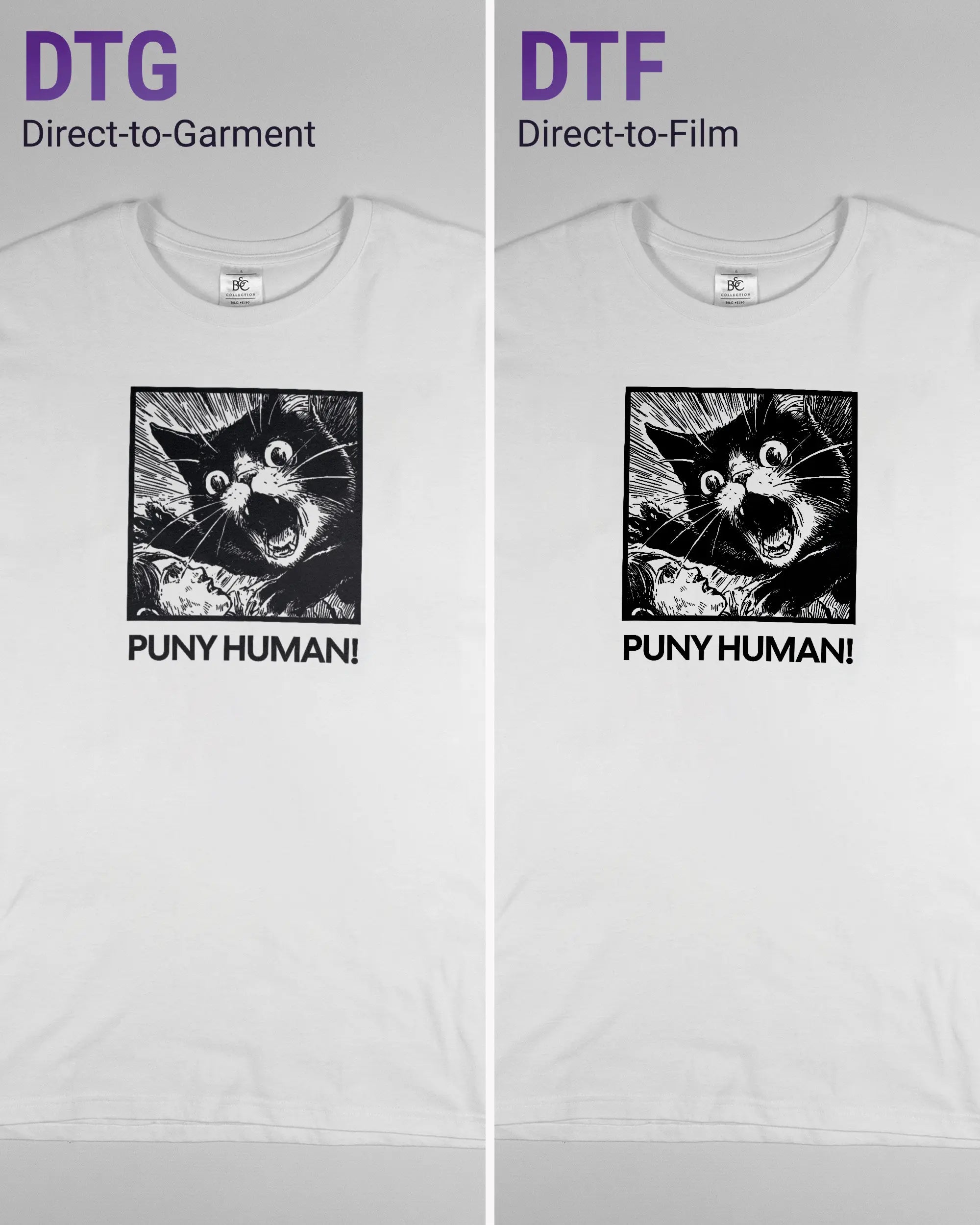 Vergleich der Vorderseiten des Basic Unisex T-Shirt Soft von Maondo mit dem Design Puny Human in der Farbe White und in der Größe L links mit dem Direct-to-Garment und rechts mit dem Direct-to-Film Verfahren
