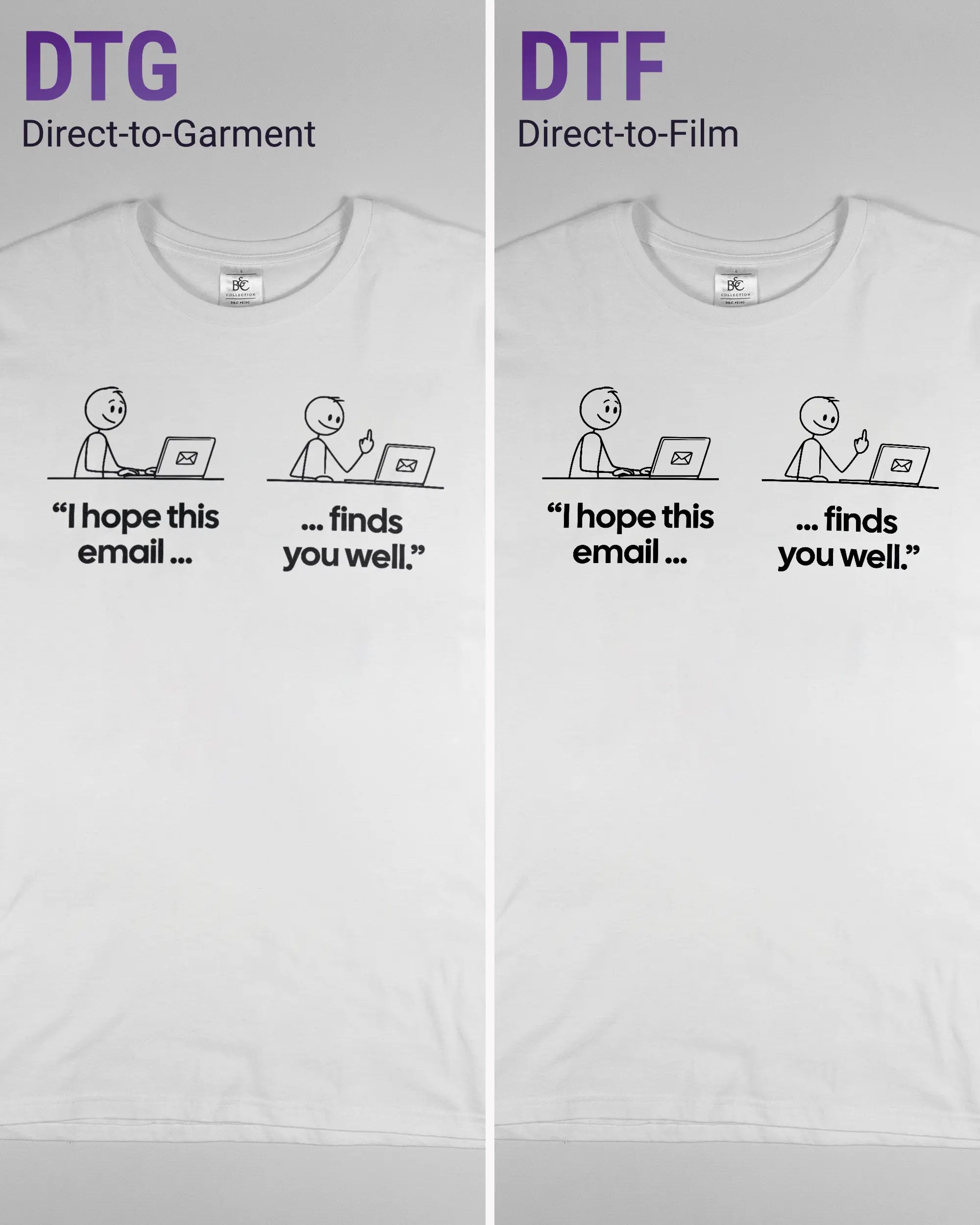 Vergleich der Vorderseiten des Basic Unisex T-Shirt Soft von Maondo mit dem Design Found me not well in der Farbe White und in der Größe L links mit dem Direct-to-Garment und rechts mit dem Direct-to-Film Verfahren