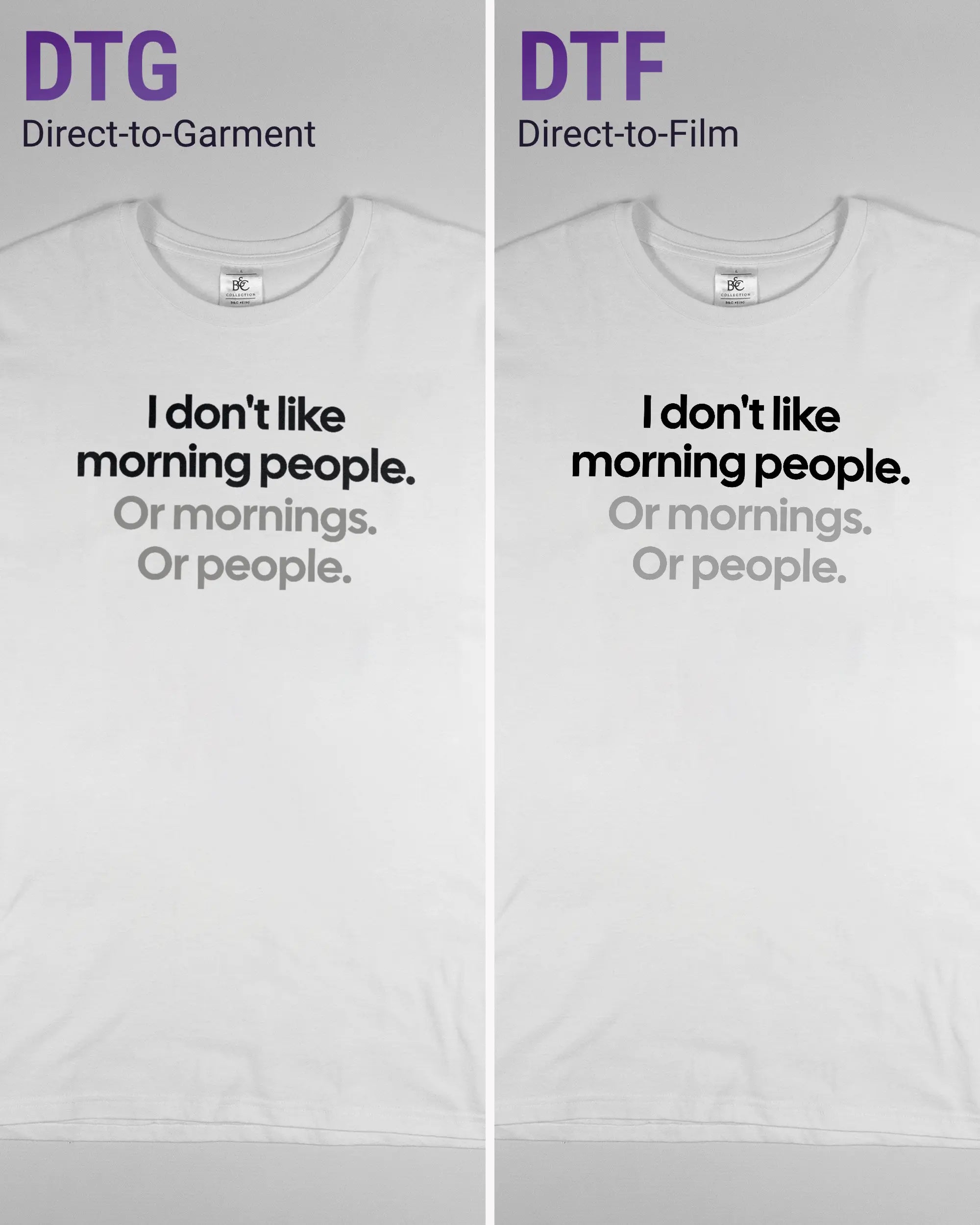 Vergleich der Vorderseiten des Basic Unisex T-Shirt Soft von Maondo mit dem Design Morning Person in der Farbe White und in der Größe L links mit dem Direct-to-Garment und rechts mit dem Direct-to-Film Verfahren