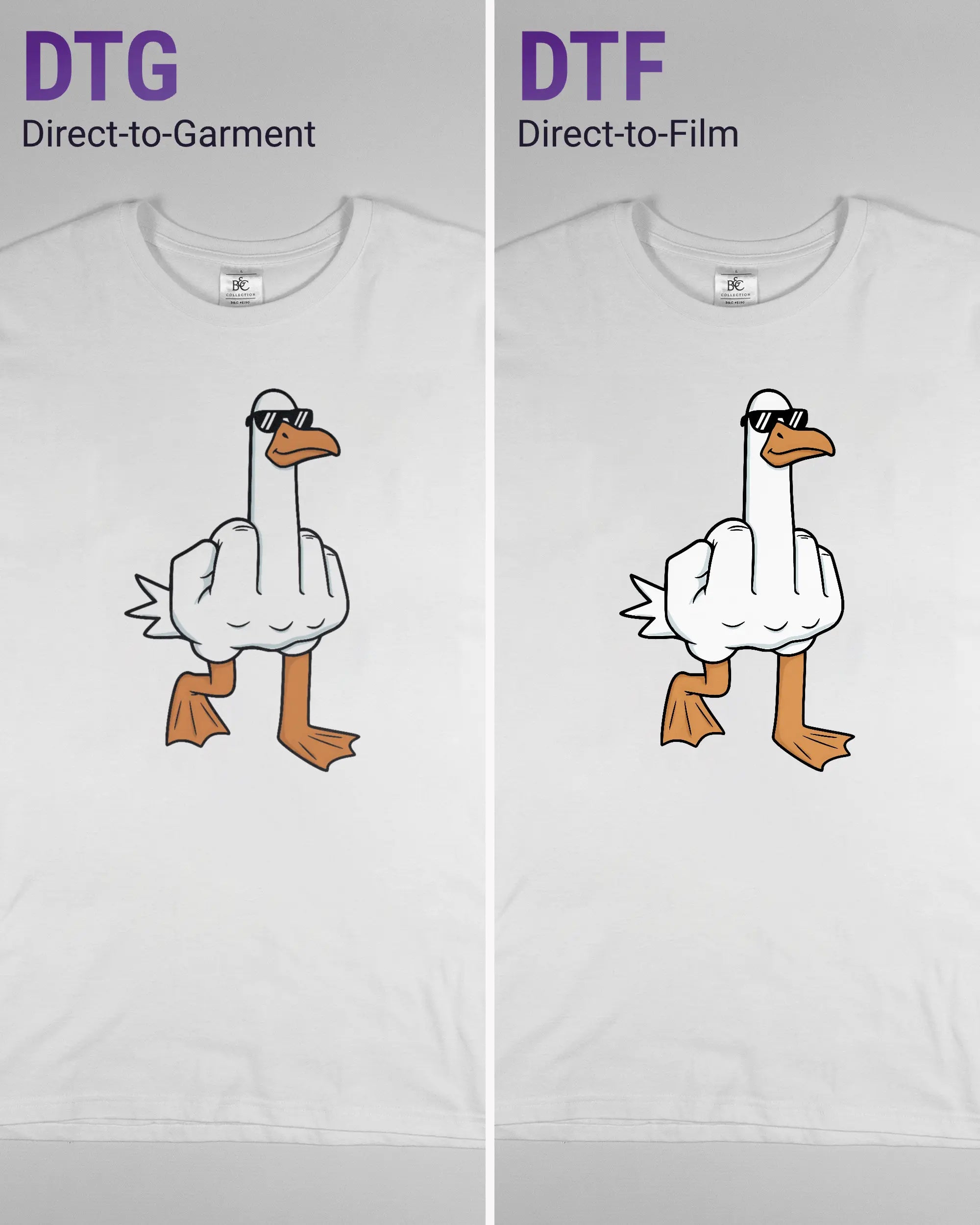 Vergleich der Vorderseiten des Basic Unisex T-Shirt Soft von Maondo mit dem Design I give a duck in der Farbe White und in der Größe L links mit dem Direct-to-Garment und rechts mit dem Direct-to-Film Verfahren