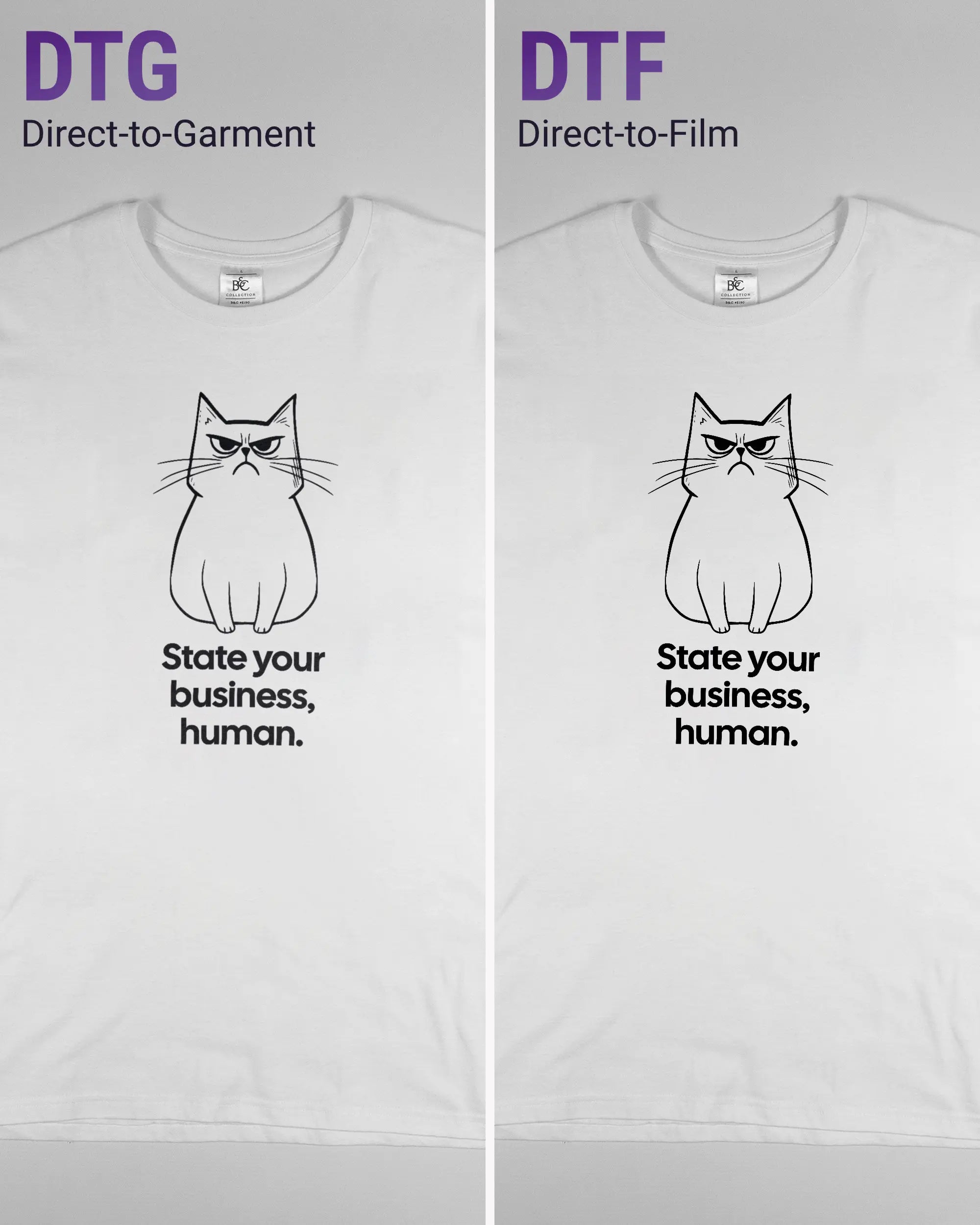 Vergleich der Vorderseiten des Basic Unisex T-Shirt Soft von Maondo mit dem Design Grumpy Purr in der Farbe White und in der Größe L links mit dem Direct-to-Garment und rechts mit dem Direct-to-Film Verfahren