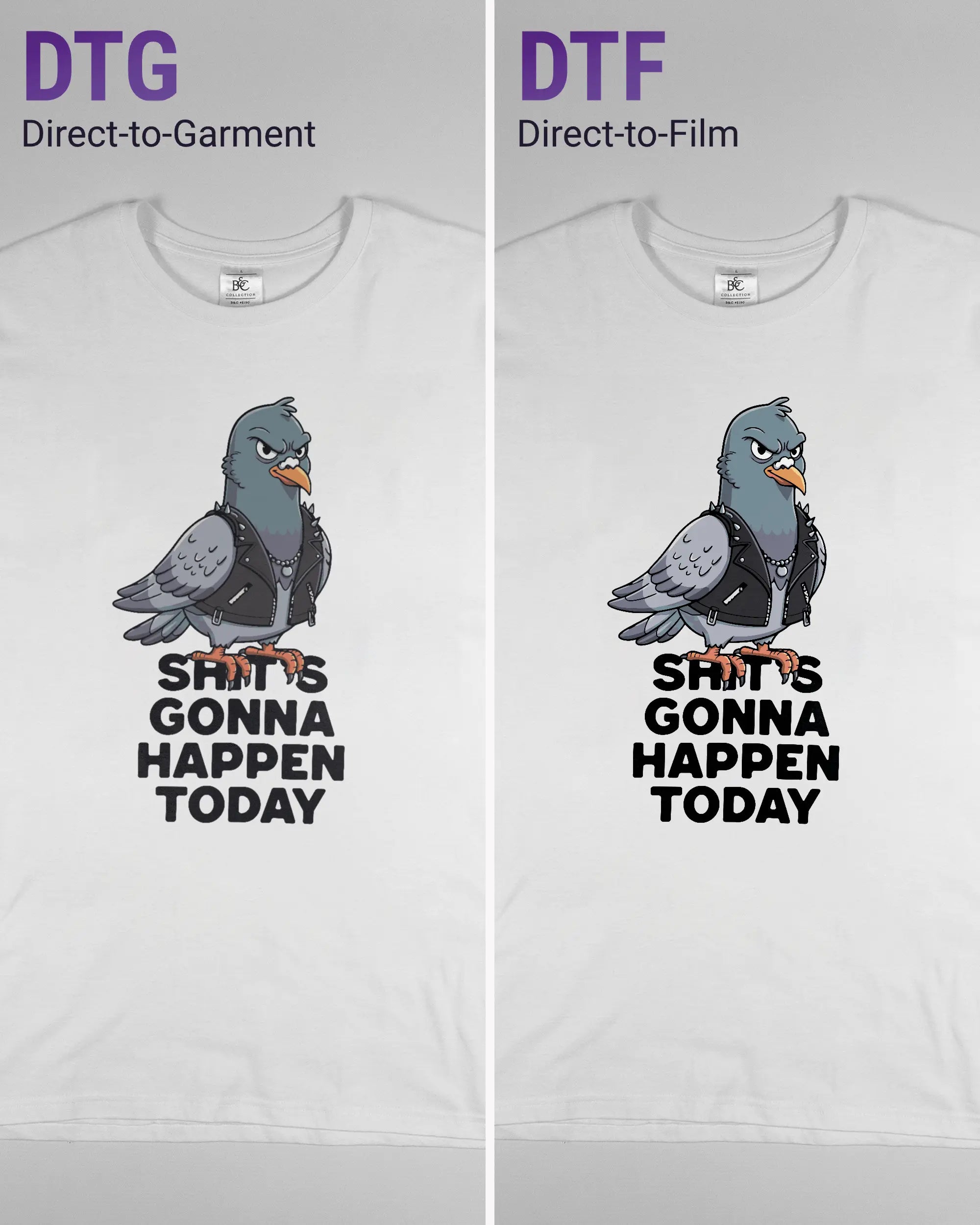 Vergleich der Vorderseiten des Basic Unisex T-Shirt Soft von Maondo mit dem Design Pigeon Pun in der Farbe White und in der Größe L links mit dem Direct-to-Garment und rechts mit dem Direct-to-Film Verfahren