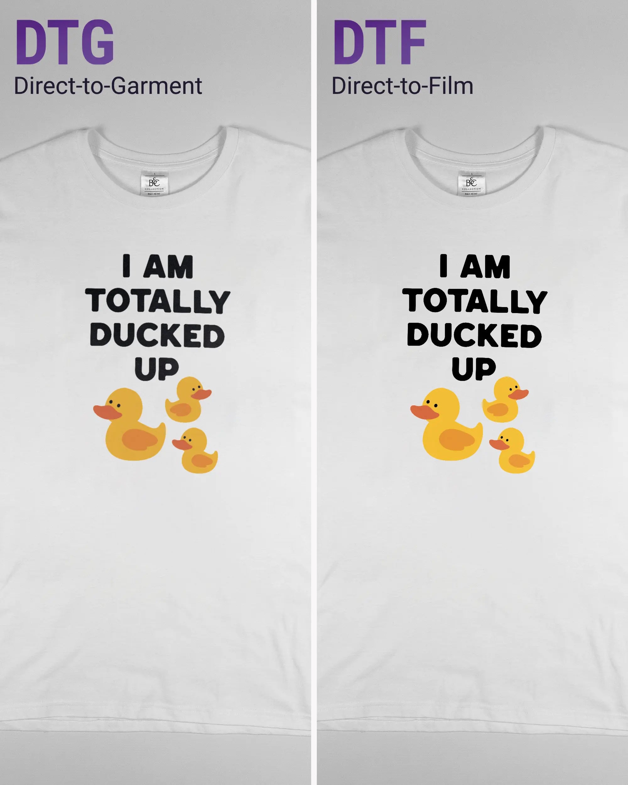 Vergleich der Vorderseiten des Basic Unisex T-Shirt Soft von Maondo mit dem Design Ducked Up in der Farbe White und in der Größe L links mit dem Direct-to-Garment und rechts mit dem Direct-to-Film Verfahren