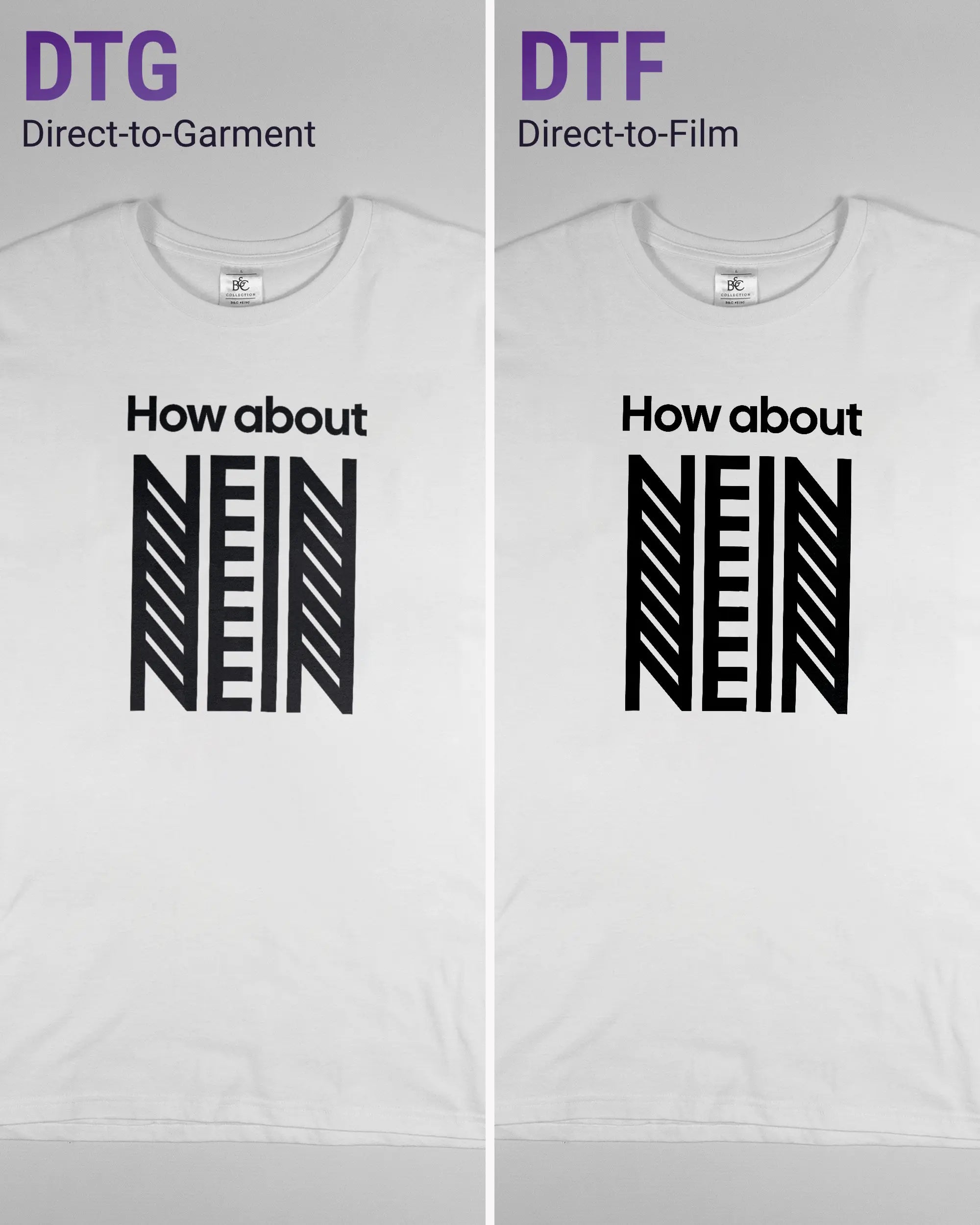 Vergleich der Vorderseiten des Basic Unisex T-Shirt Soft von Maondo mit dem Design How about nein in der Farbe White und in der Größe L links mit dem Direct-to-Garment und rechts mit dem Direct-to-Film Verfahren