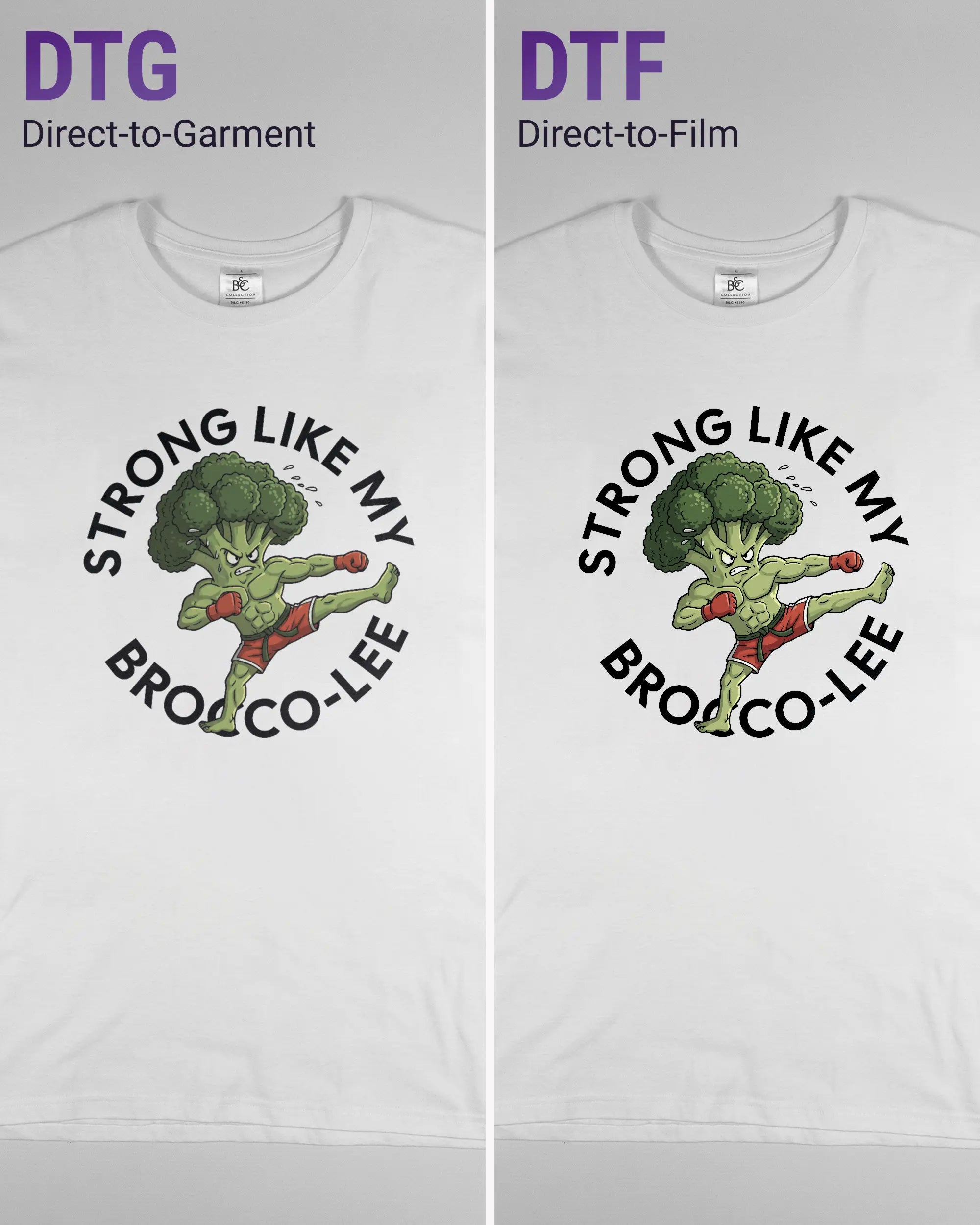 Vergleich der Vorderseiten des Basic Unisex T-Shirt Soft von Maondo mit dem Design Brocco-Lee in der Farbe White und in der Größe L links mit dem Direct-to-Garment und rechts mit dem Direct-to-Film Verfahren