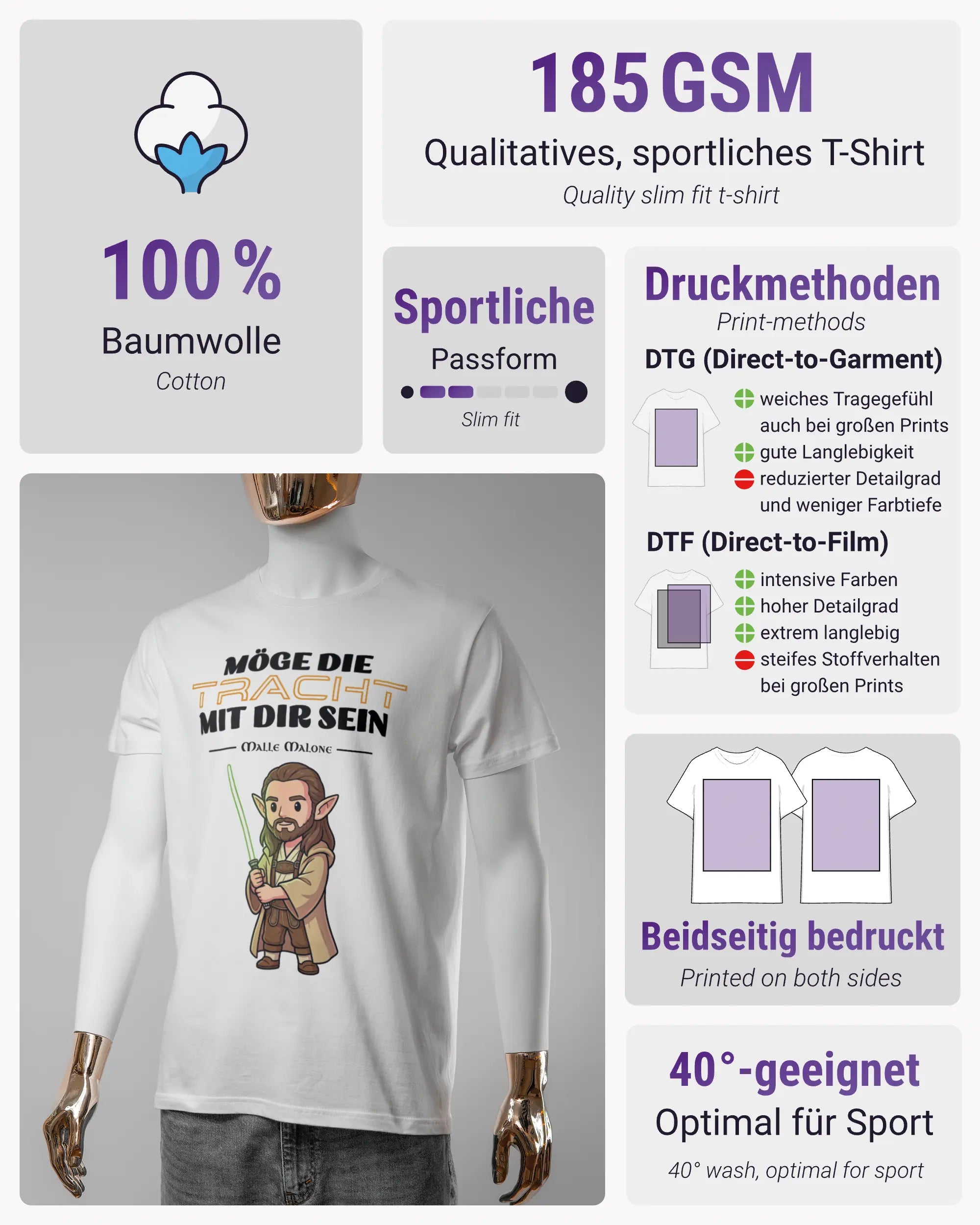 Produktinformationsblatt des Basic Unisex T-Shirt Soft von Maondo mit dem Design Tracht mit dir vorne in der Farbe White und in der Größe S
