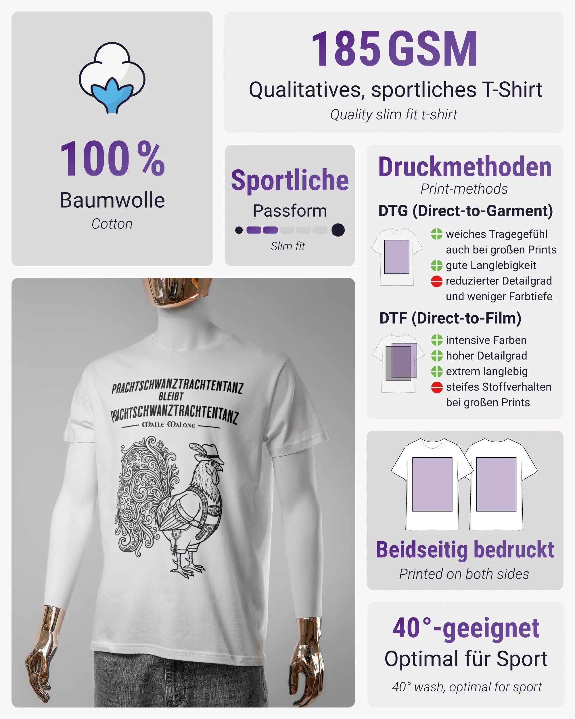 Produktinformationsblatt des Basic Unisex T-Shirt Soft von Maondo mit dem Design Trachtentanz vorne in der Farbe White und in der Größe S