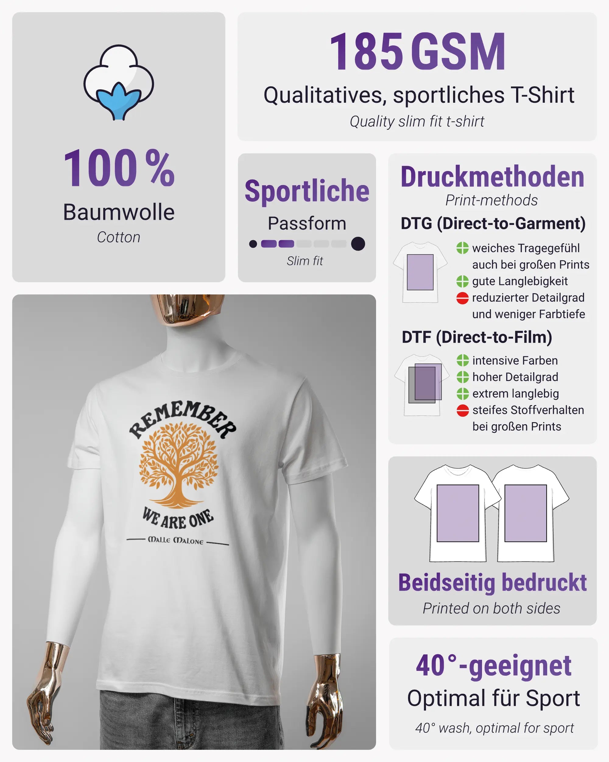 Produktinformationsblatt des Basic Unisex T-Shirt Soft von Maondo mit dem Design We are one vorne in der Farbe White und in der Größe S