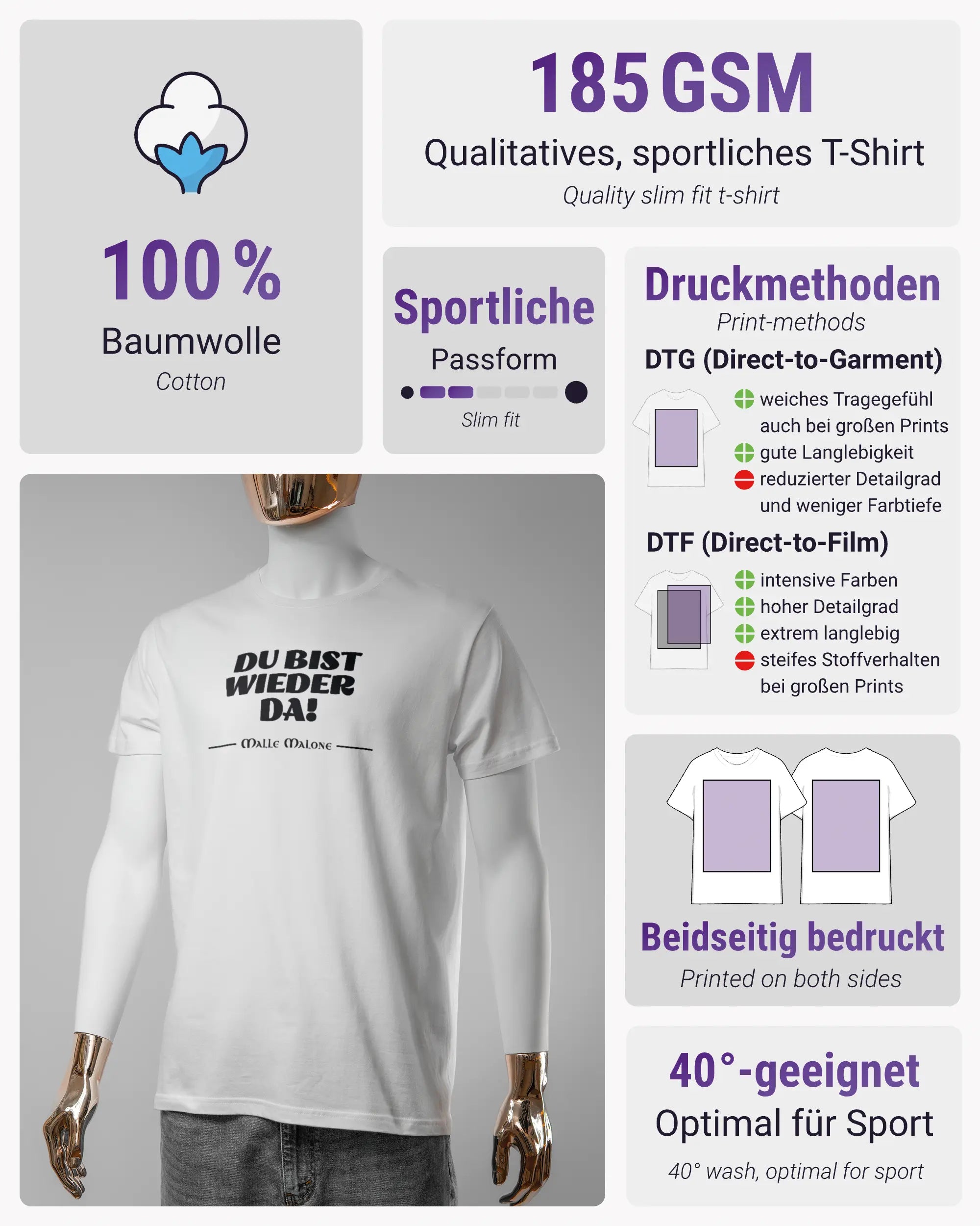 Produktinformationsblatt des Basic Unisex T-Shirt Soft von Maondo mit dem Design Wieder da vorne in der Farbe White und in der Größe S
