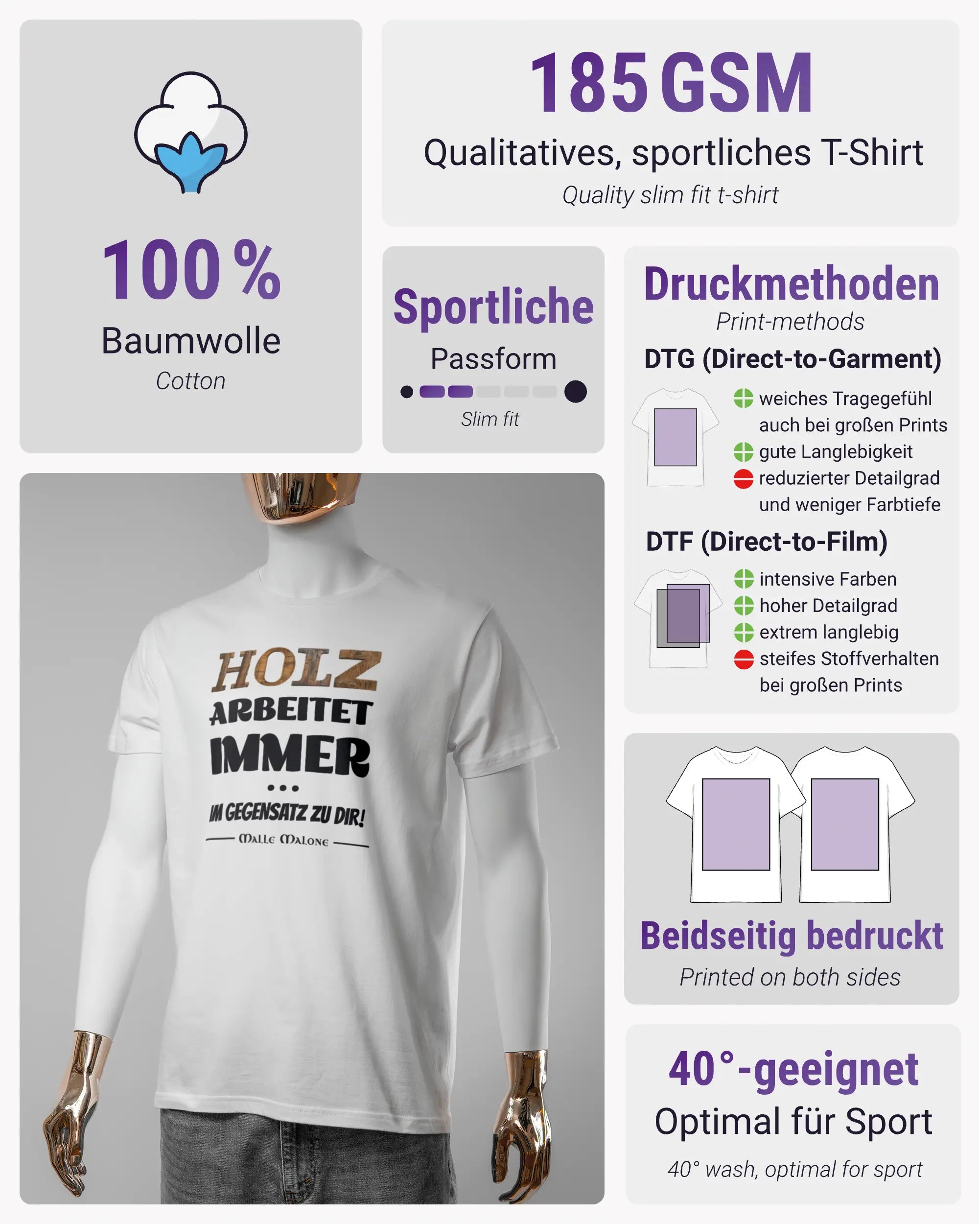 Produktinformationsblatt des Basic Unisex T-Shirt Soft von Maondo mit dem Design Holzarbeit vorne in der Farbe White und in der Größe S
