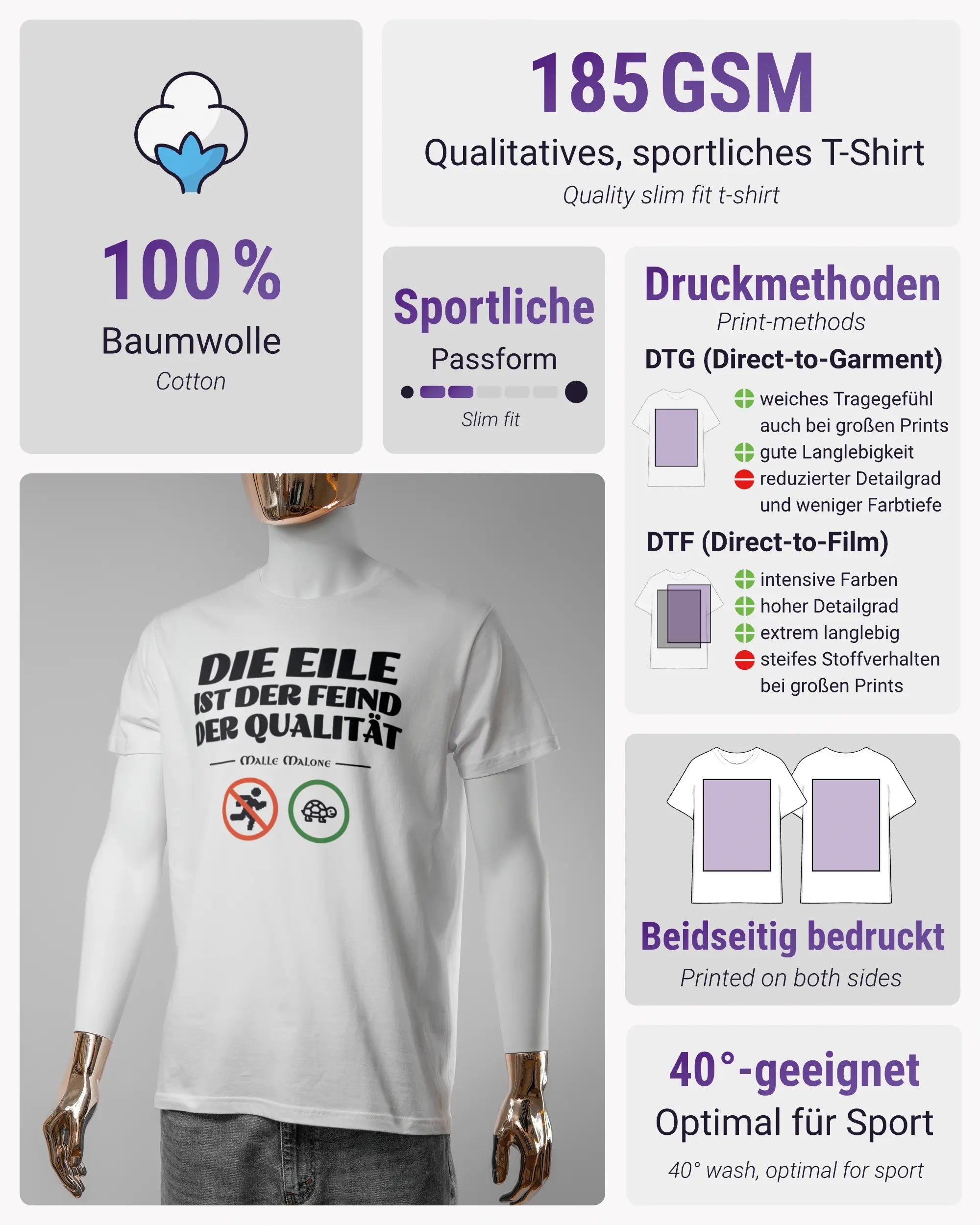 Produktinformationsblatt des Basic Unisex T-Shirt Soft von Maondo mit dem Design Keine Eile vorne in der Farbe White und in der Größe S