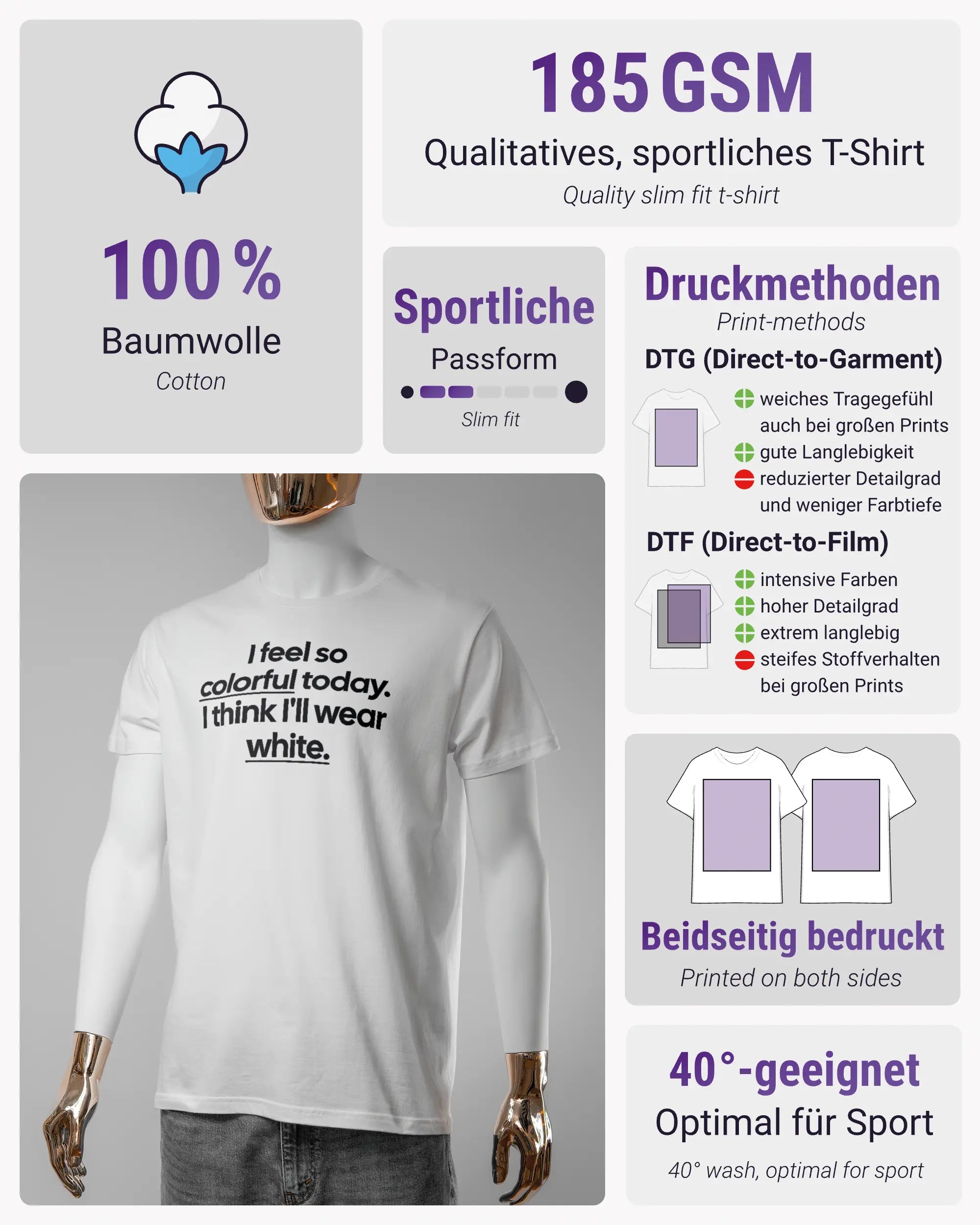 Produktinformationsblatt des Basic Unisex T-Shirt Slim von Maondo mit dem Design Colorful Day vorne in der Farbe White und in der Größe S