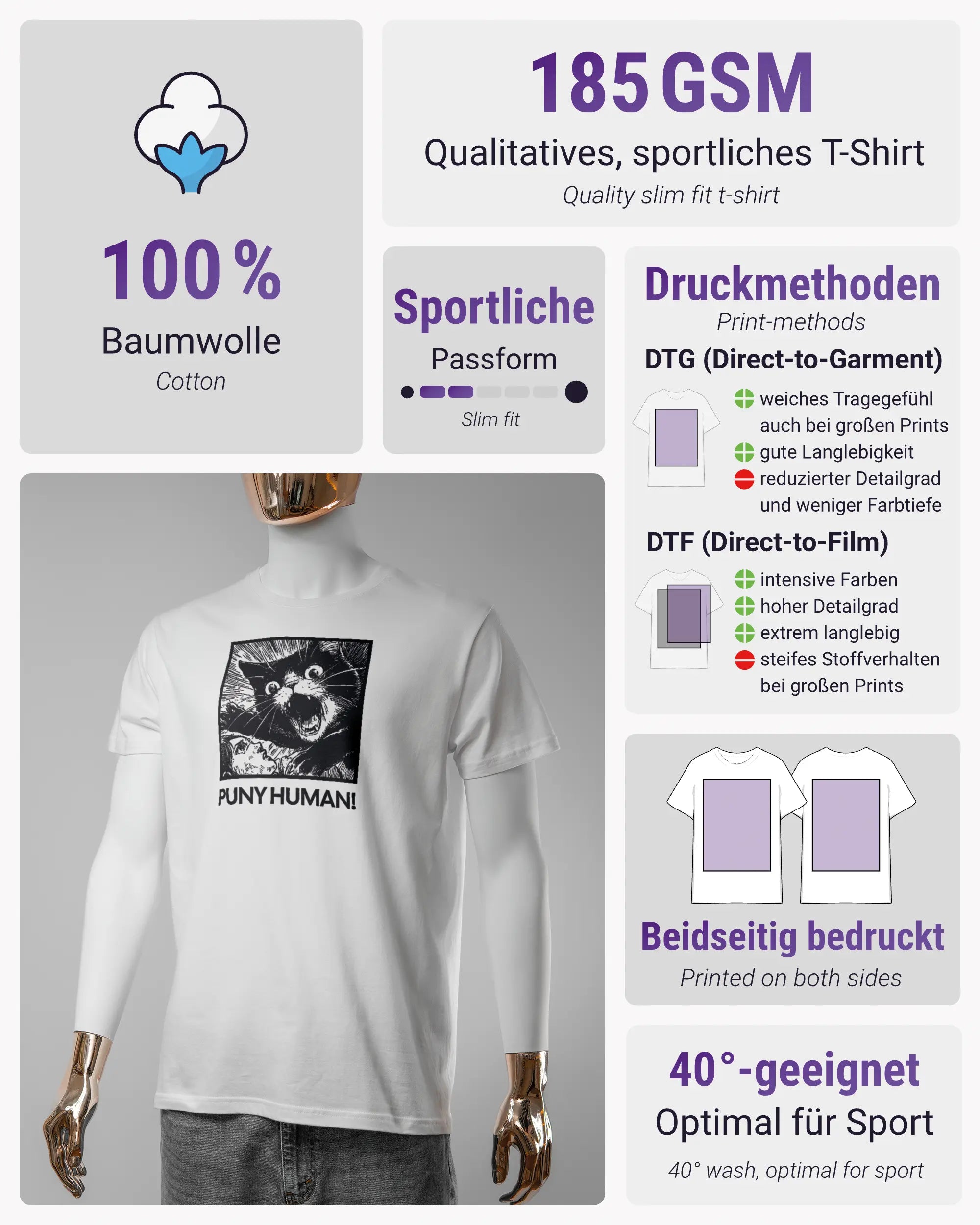 Produktinformationsblatt des Basic Unisex T-Shirt Soft von Maondo mit dem Design Puny Human vorne in der Farbe White und in der Größe S