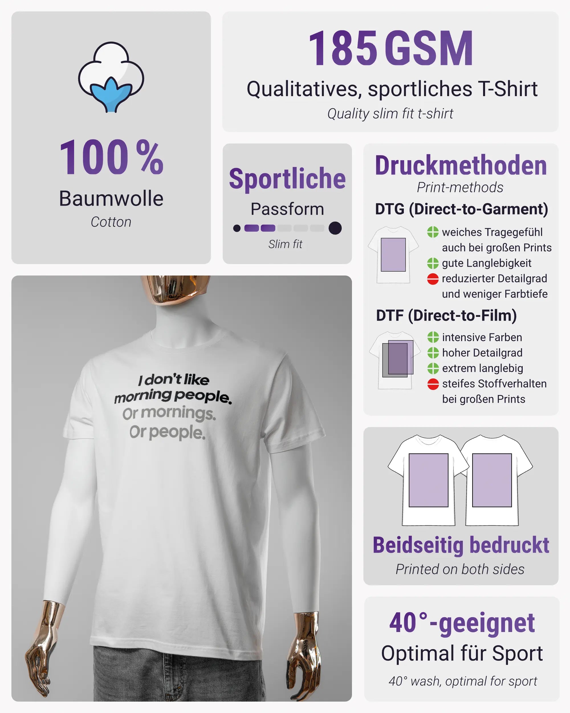 Produktinformationsblatt des Basic Unisex T-Shirt Soft von Maondo mit dem Design Morning Person vorne in der Farbe White und in der Größe S